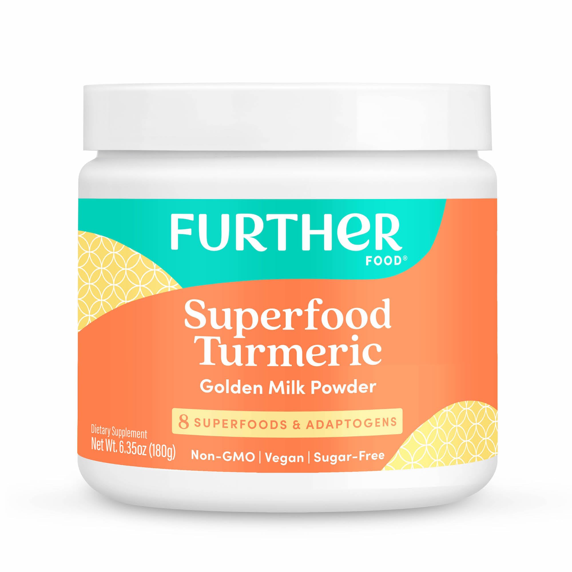 Further Food Turmeric Powder jar with spoon, ideal for stirring into warm golden milk