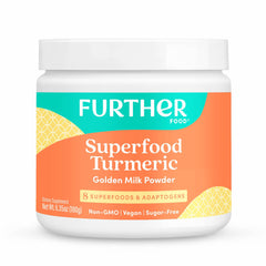 Further Food Turmeric Powder jar with spoon, ideal for stirring into warm golden milk