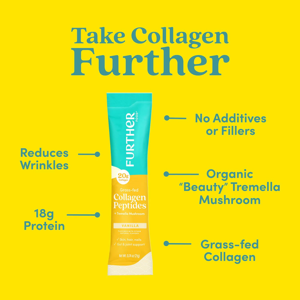 Further Food Vanilla Collagen Powder bottle open showing simple drink addition.