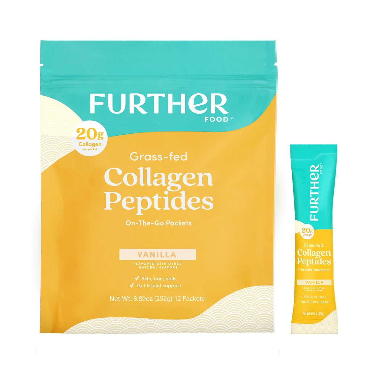 Further Food Vanilla Collagen Powder jar shows 20g serving for daily skin and joint support.