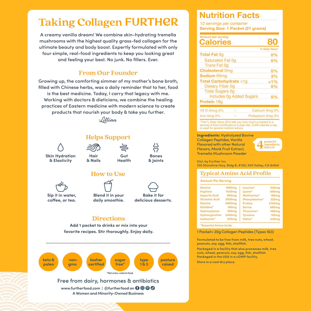 Further Food Vanilla Collagen Powder scoop ready to mix into coffee or smoothies.