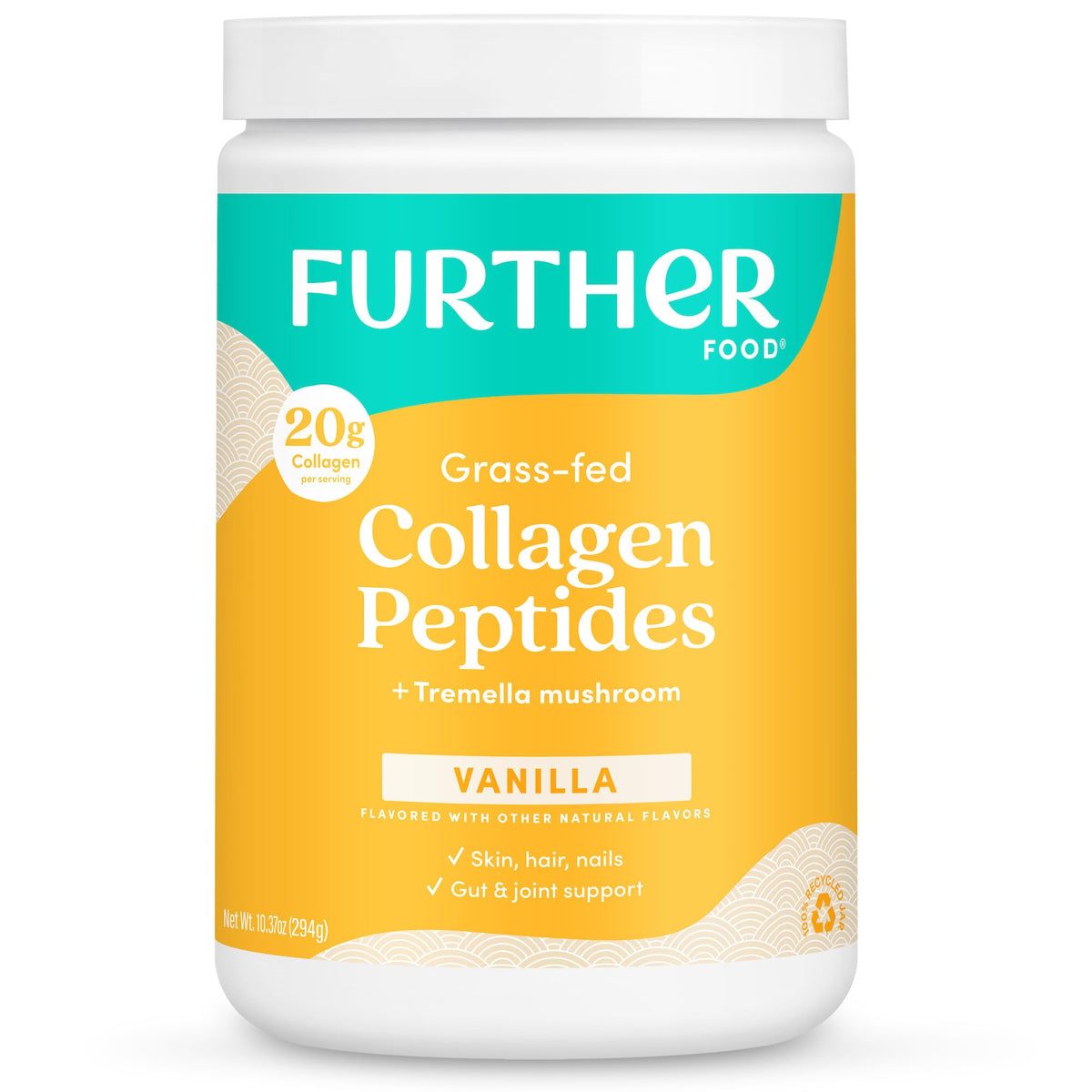 Further Food Vanilla Collagen Powder tub showing daily beauty support and easy mix.