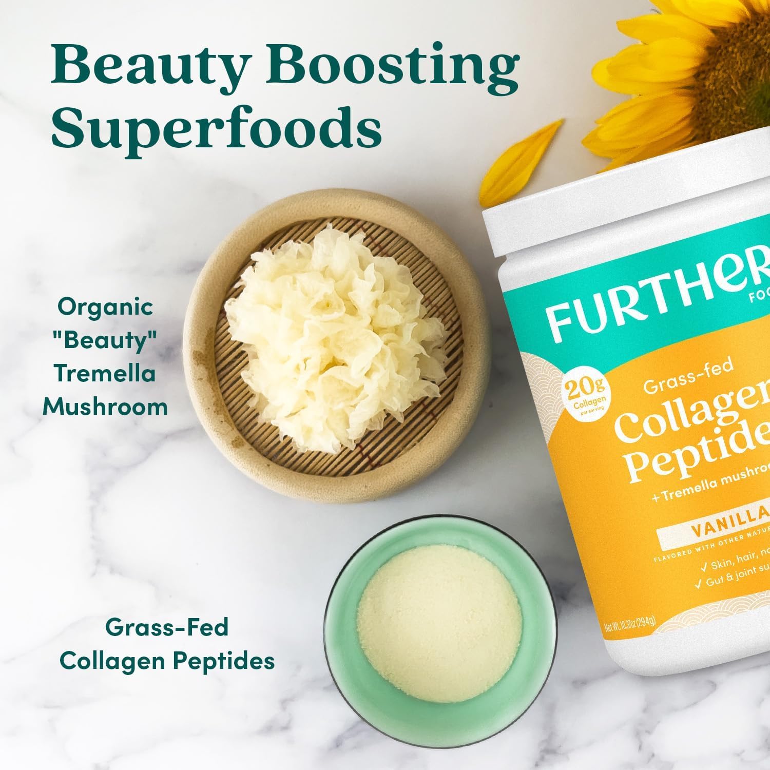 Further Food Vanilla Collagen serving with spoon illustrates 20g per serving.