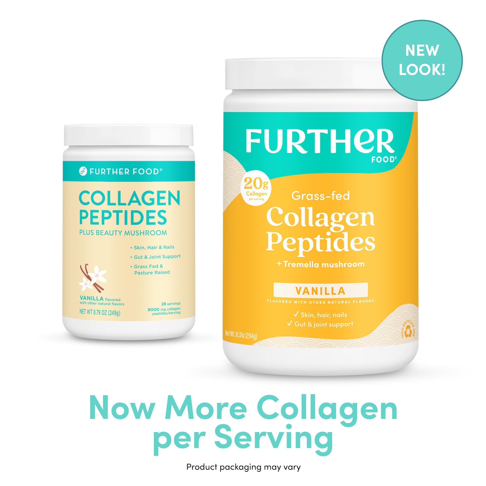 Further Food Vanilla Collagen tub close-up with clean ingredients note.