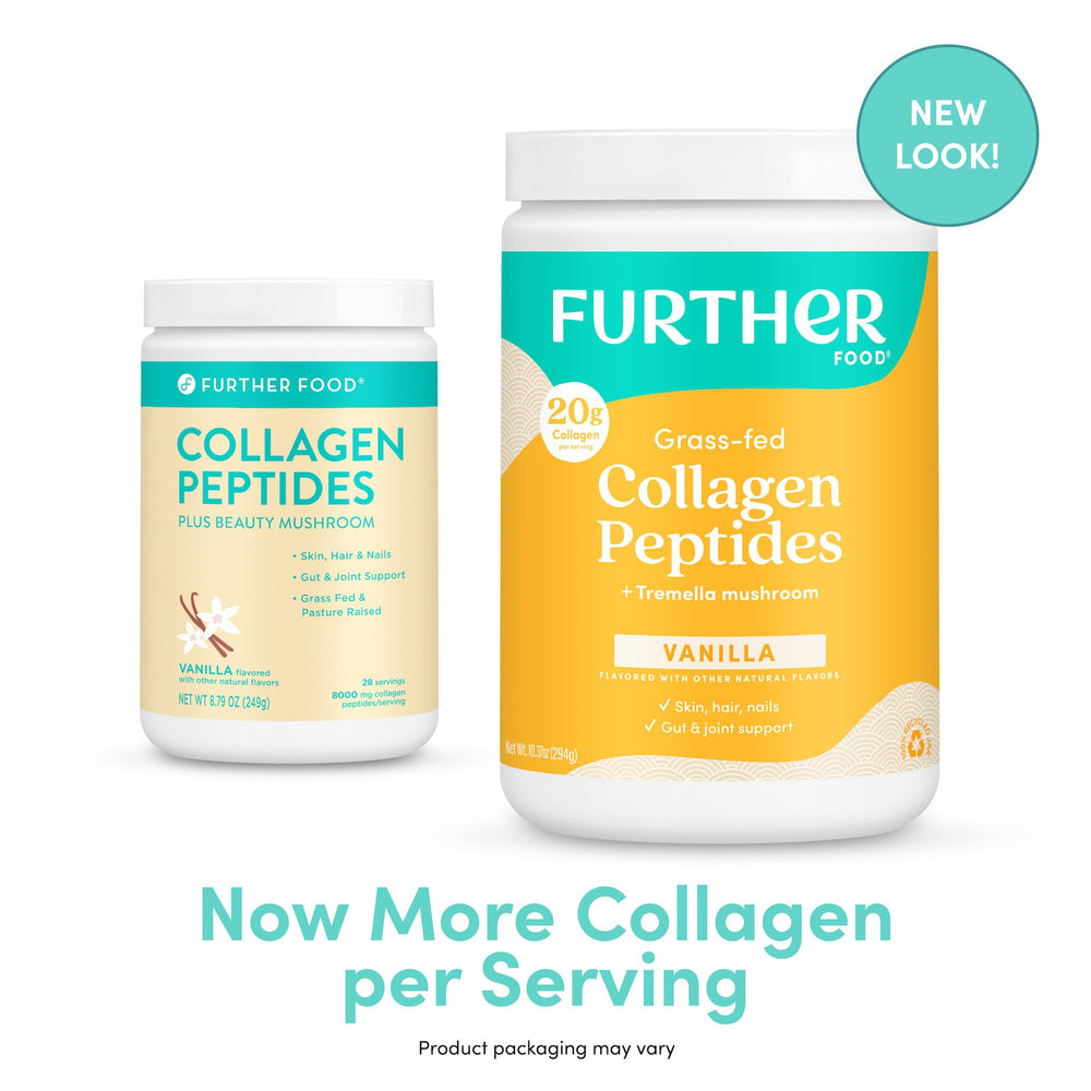 Further Food Vanilla Collagen tub close-up with clean ingredients note.