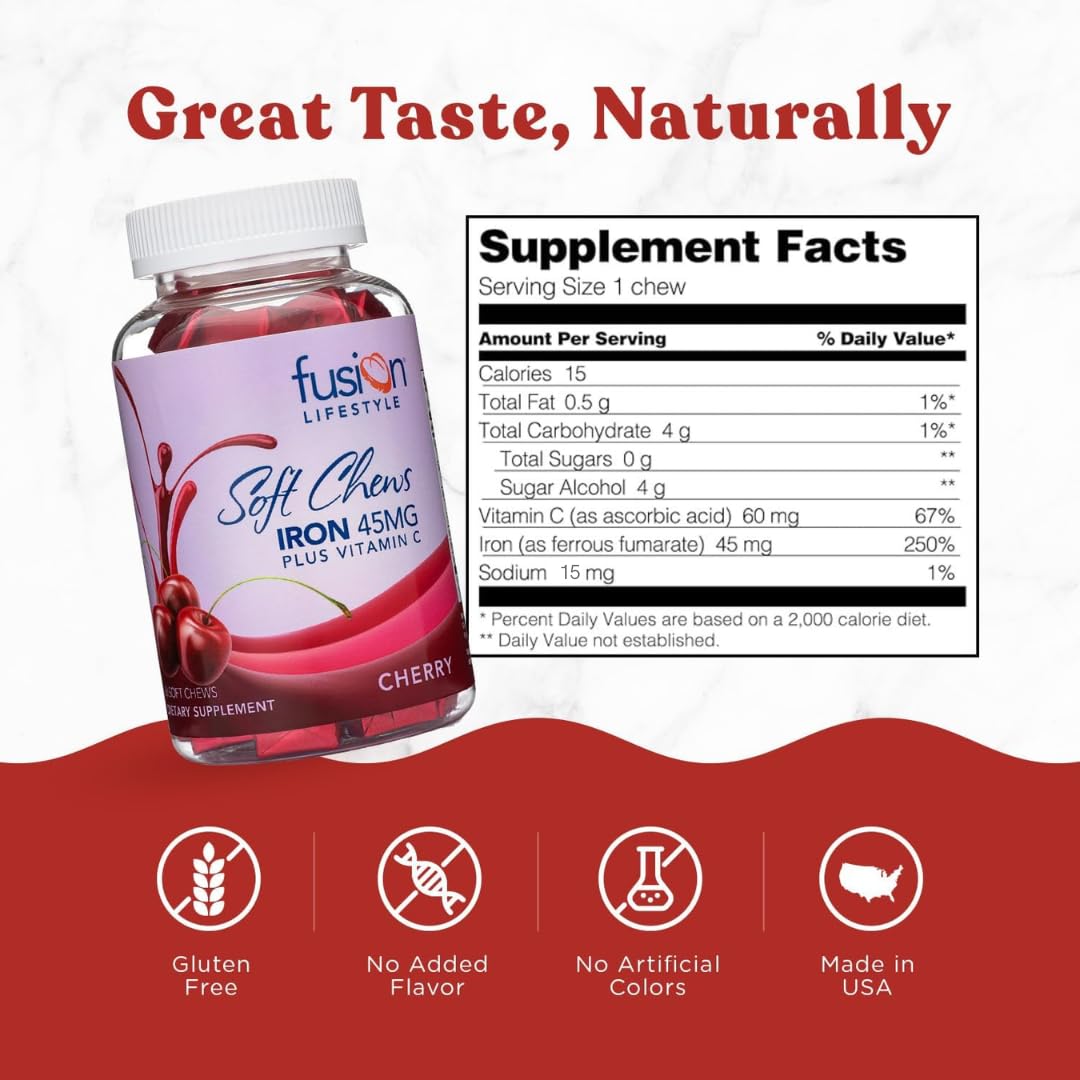 Ferrous fumarate iron soft chew with vitamin C for absorption.