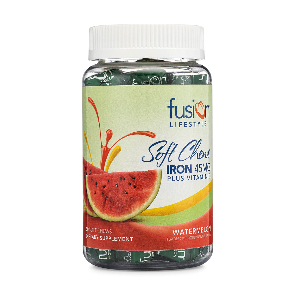 Fusion Lifestyle iron soft chews watermelon bottle shows easy daily iron support.