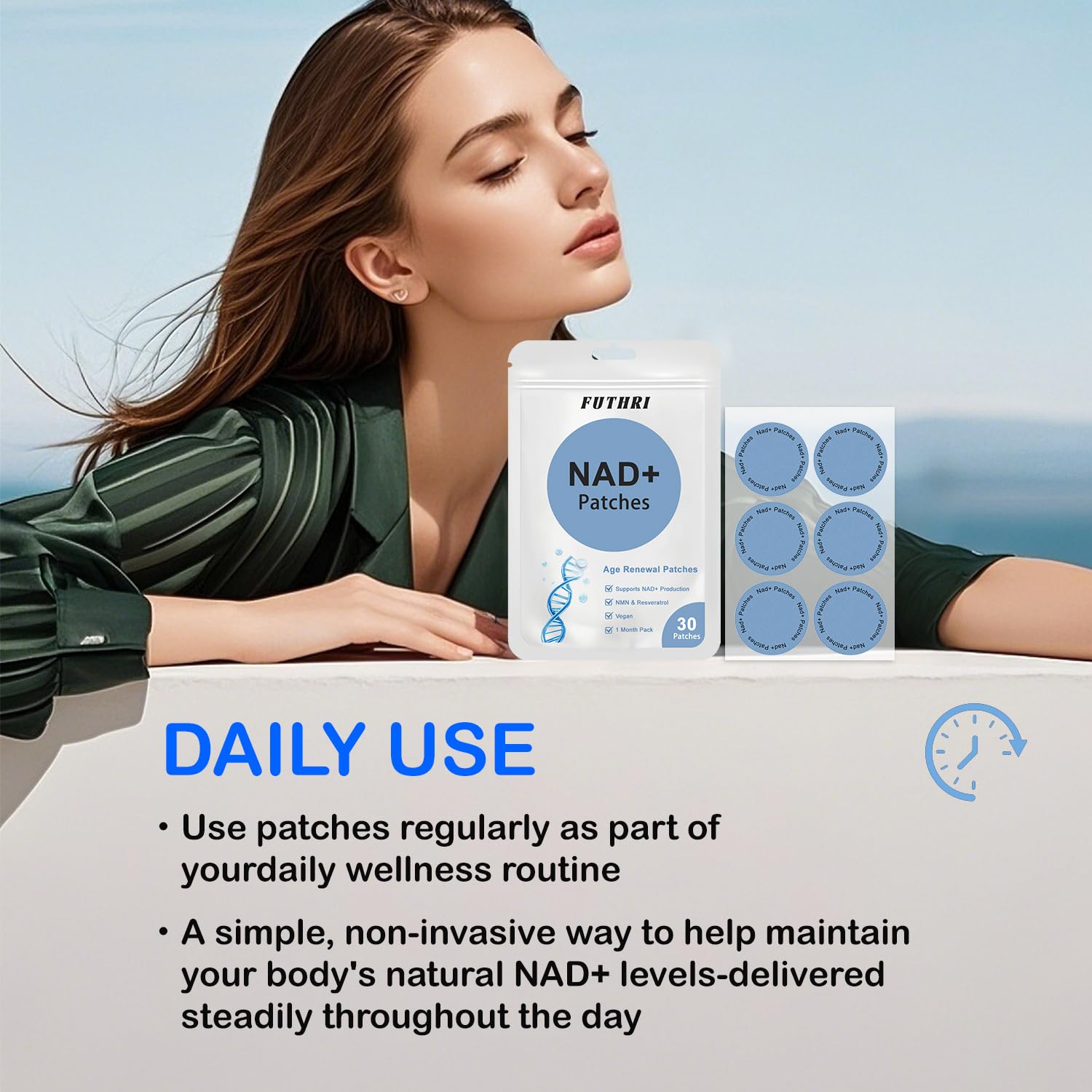 FUTHRI NADpatch worn under clothing for subtle energy support.