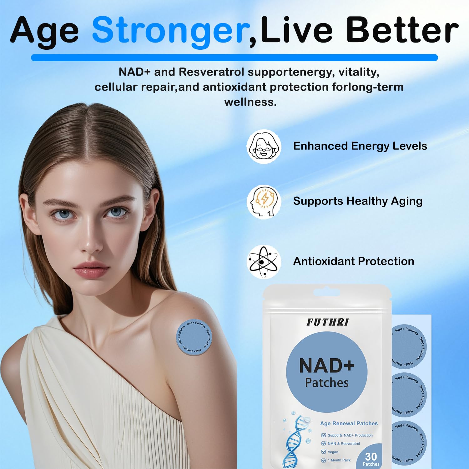 FUTHRI NADpatch packaging back details ingredients and vegan commitment.