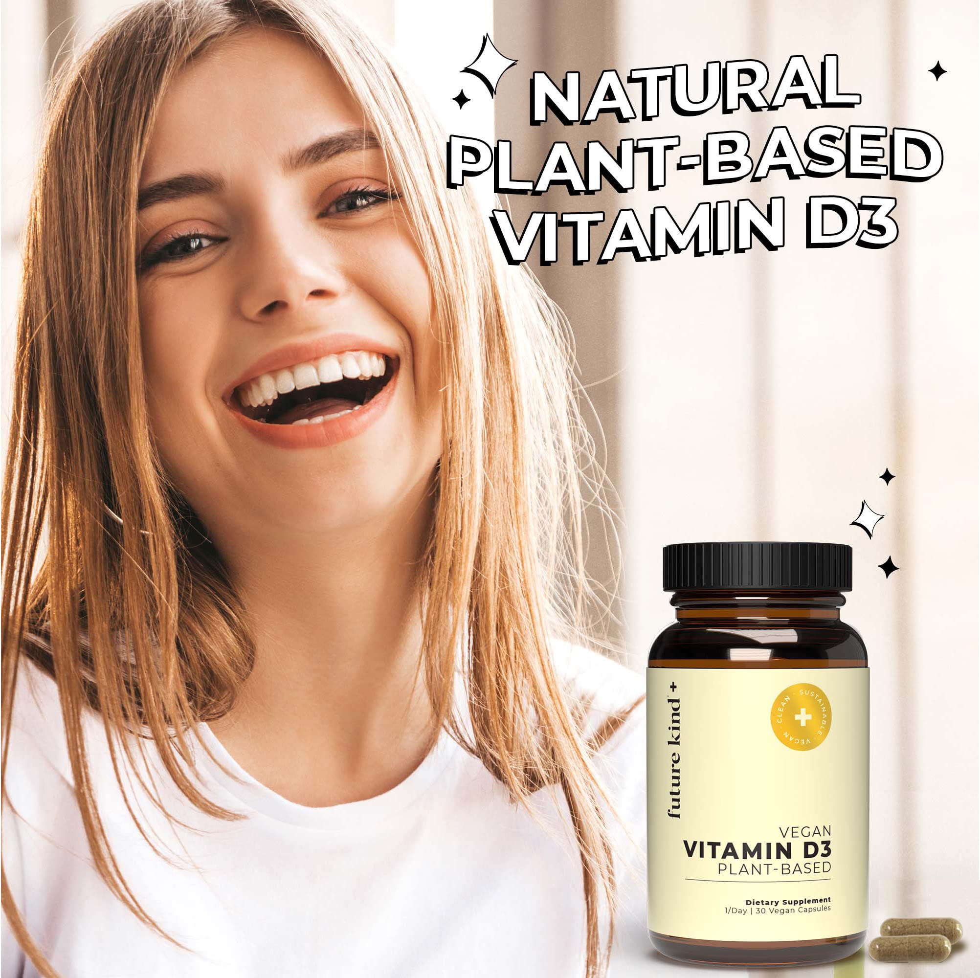 Future Kind D3-2500 IU bottle with label emphasizing plant-based source.