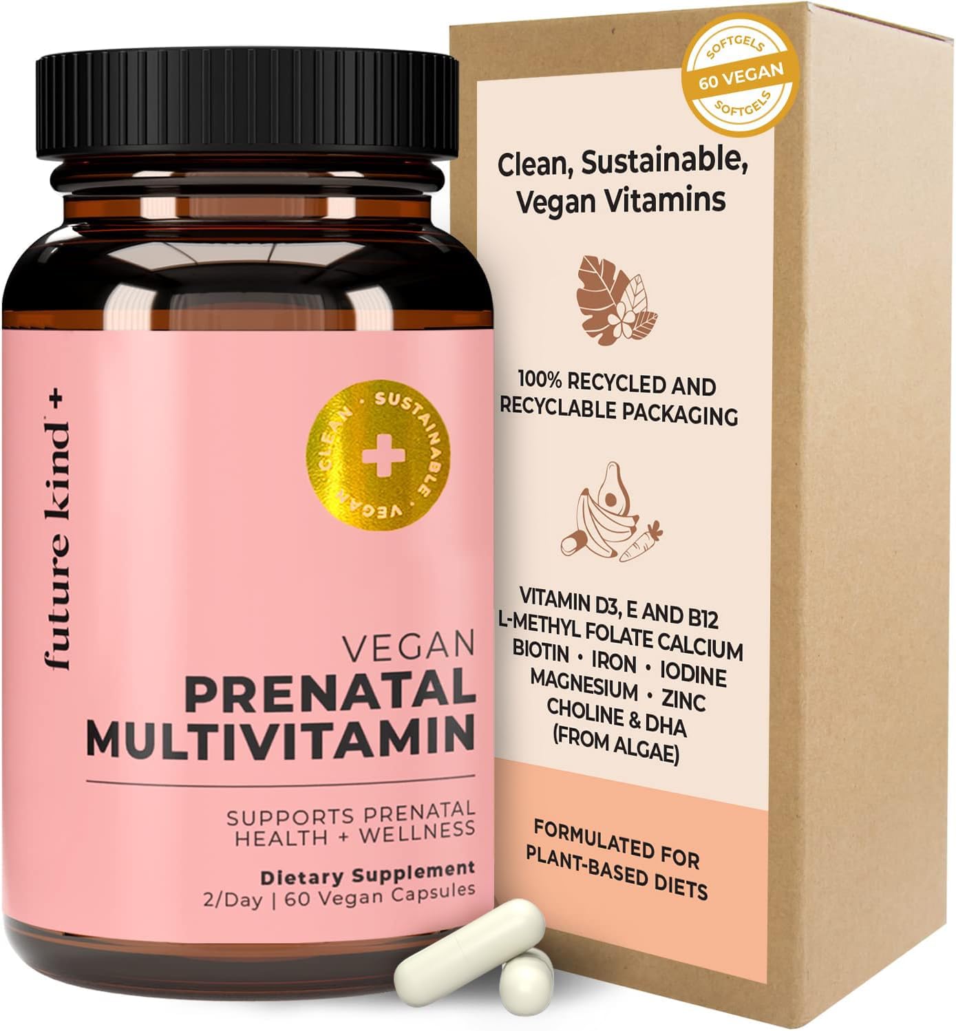 Future Kind prenatal bottle with DHA and folate for pregnancy support.