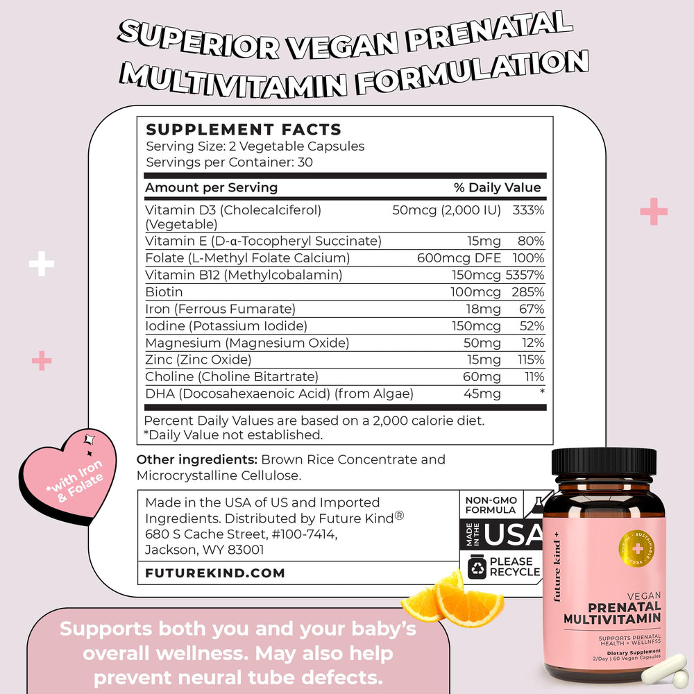 Future Kind prenatal capsules contain iron and biotin for daily wellness.