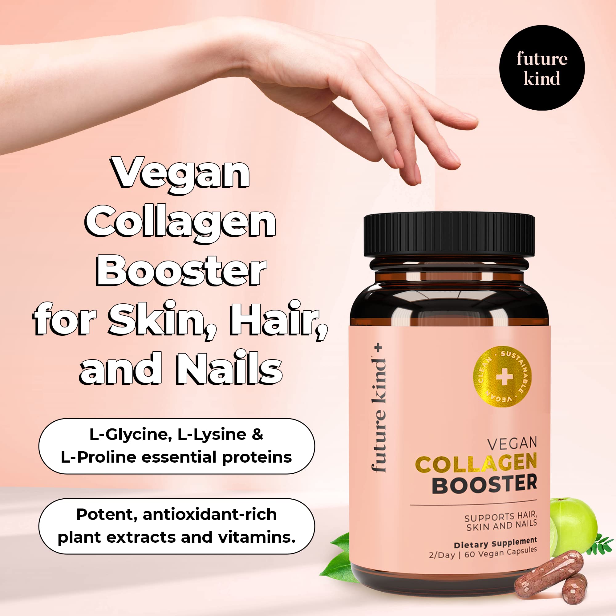Future Kind vegan collagen capsules close-up for hair and skin nourishment.
