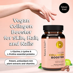 Future Kind vegan collagen capsules close-up for hair and skin nourishment.
