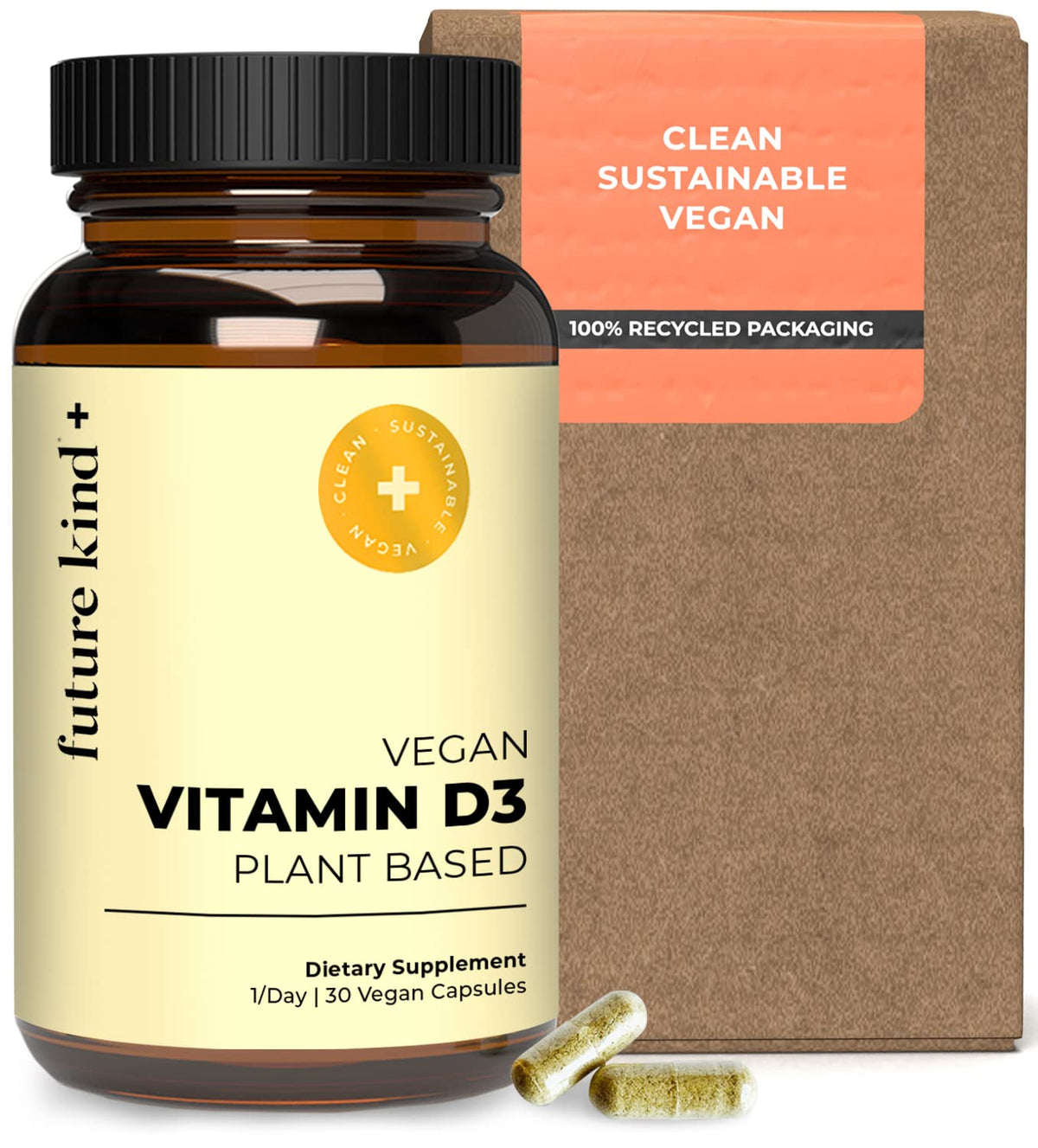 Future Kind Vegan D3-2500 IU bottle front, highlighting sustainable glass for daily immune support.