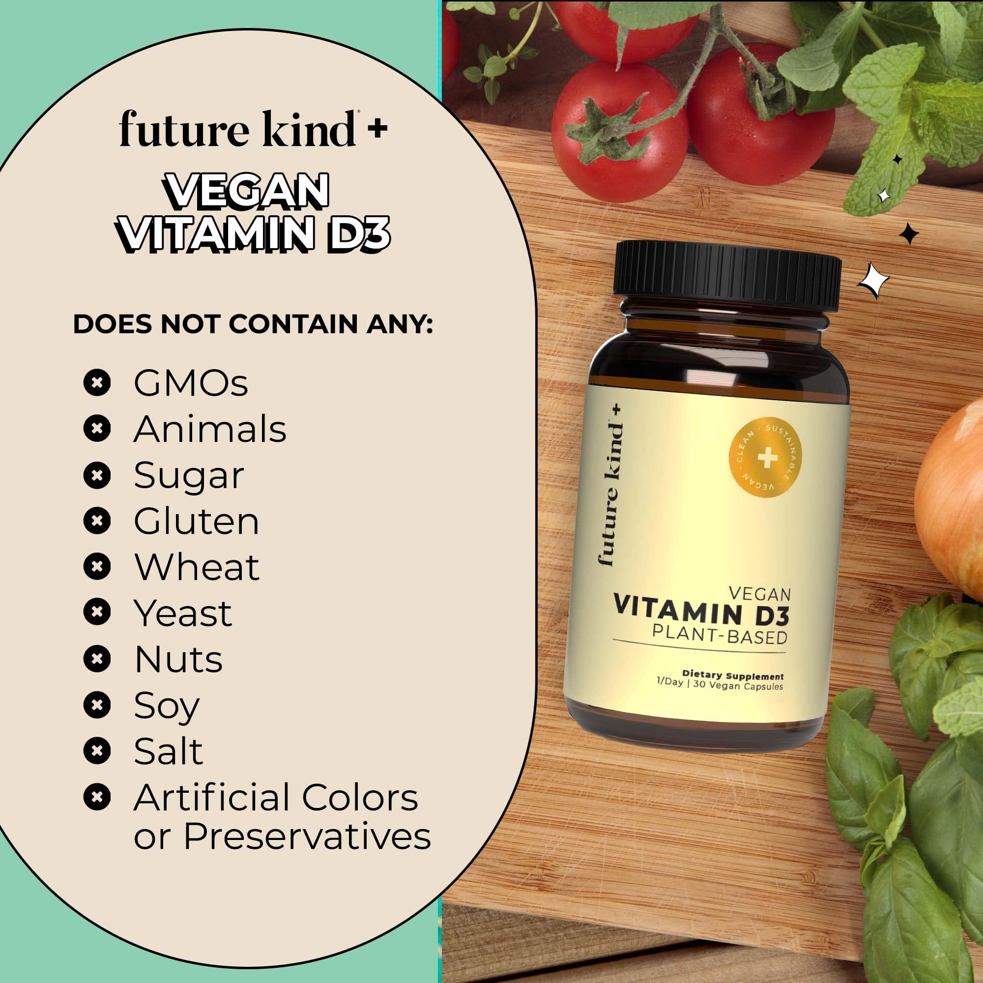 Future Kind vegan D3 glass bottle on shelf, sustainable packaging for mindful supplementation.