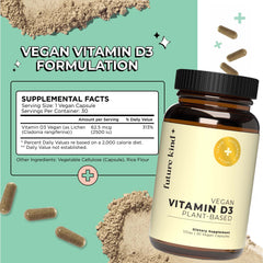 Future Kind vegan D3 softgels close-up, showing easy-to-swallow daily supplementation.