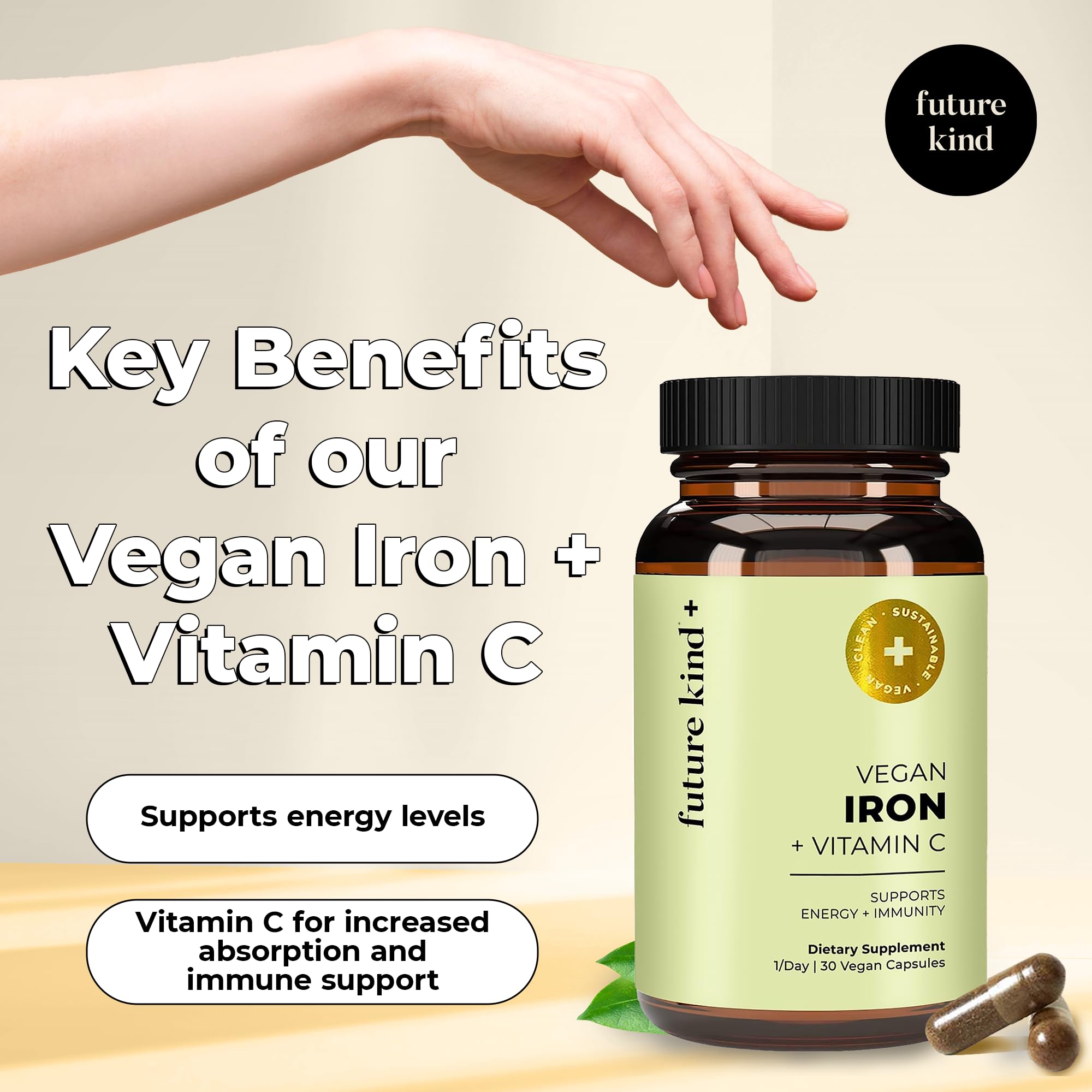 Future Kind vegan iron bottle label close-up; chelated iron formula
