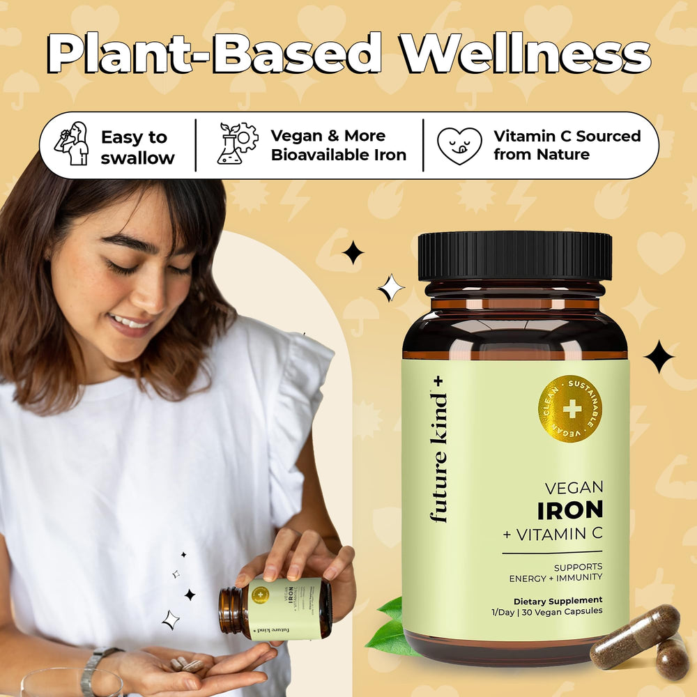 Future Kind vegan iron bottle with seal and cap; reliable daily supplement