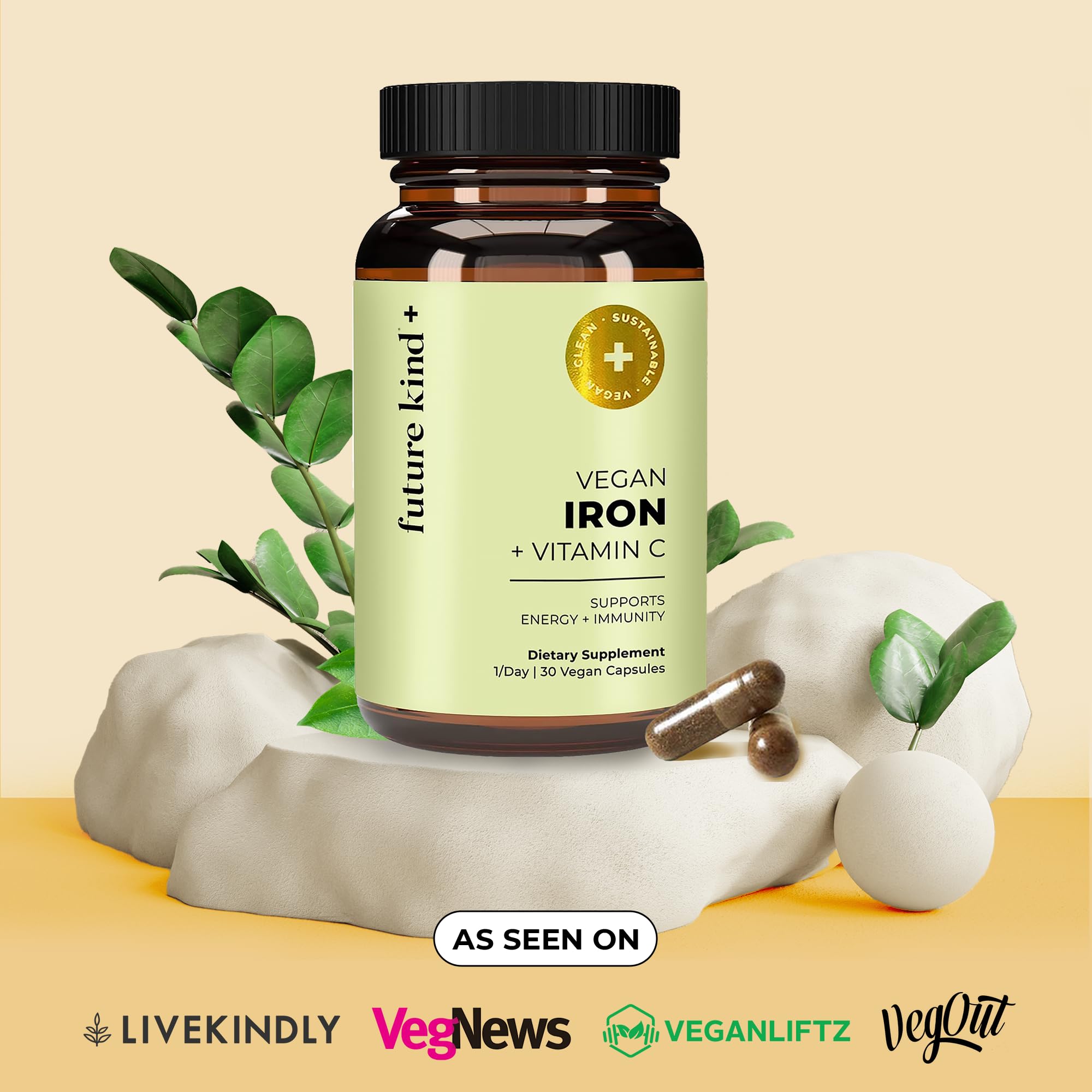 Future Kind vegan iron bottle side panel; Vitamin C content for absorption