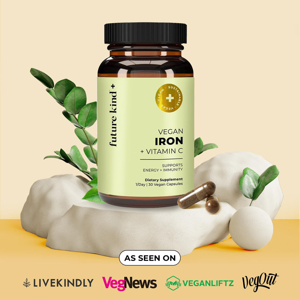 Future Kind vegan iron bottle side panel; Vitamin C content for absorption