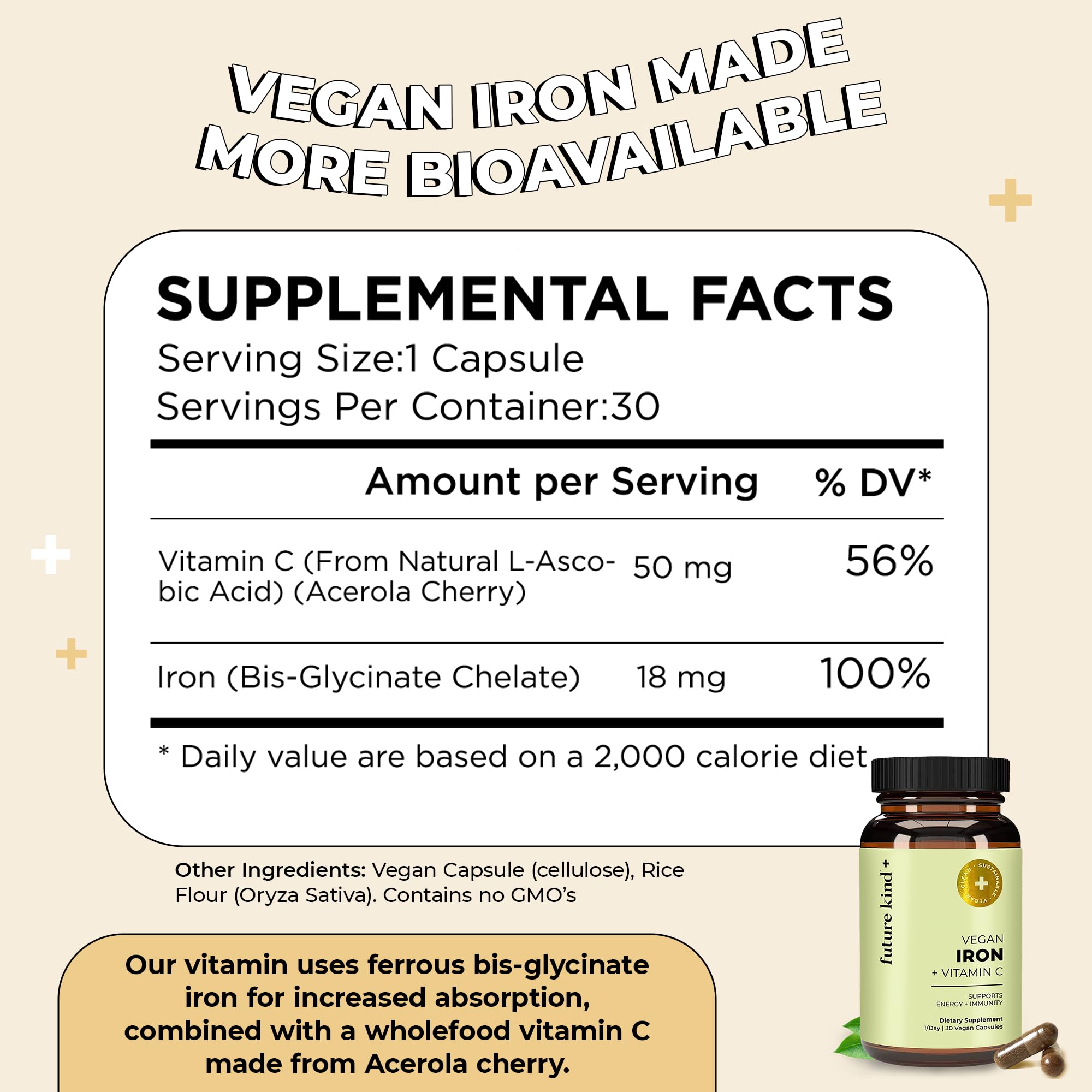 Future Kind vegan iron in glass bottle; premium packaging