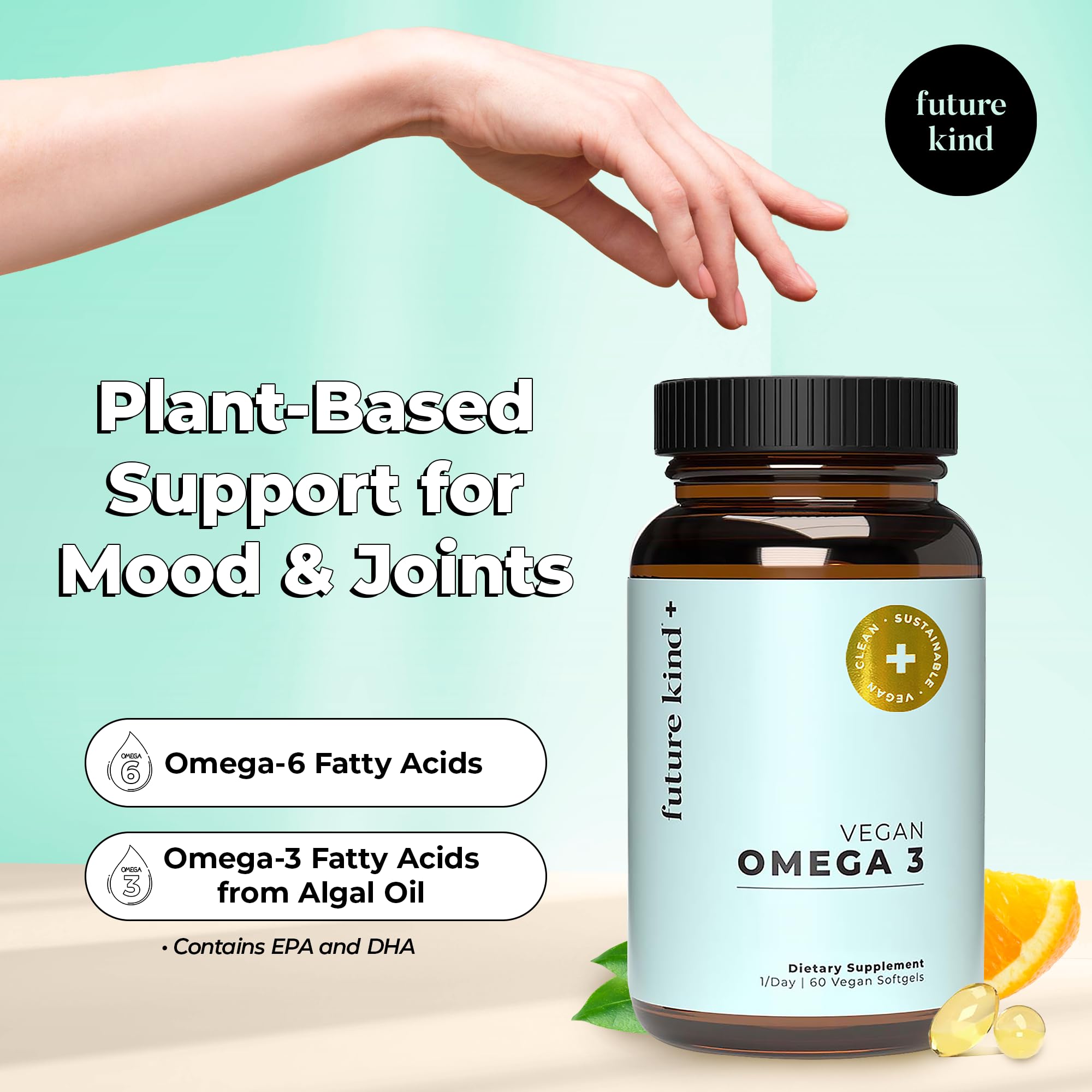 Future Kind Vegan Omega 3 bottle label closeup notes EPA and DHA for brain and joints.