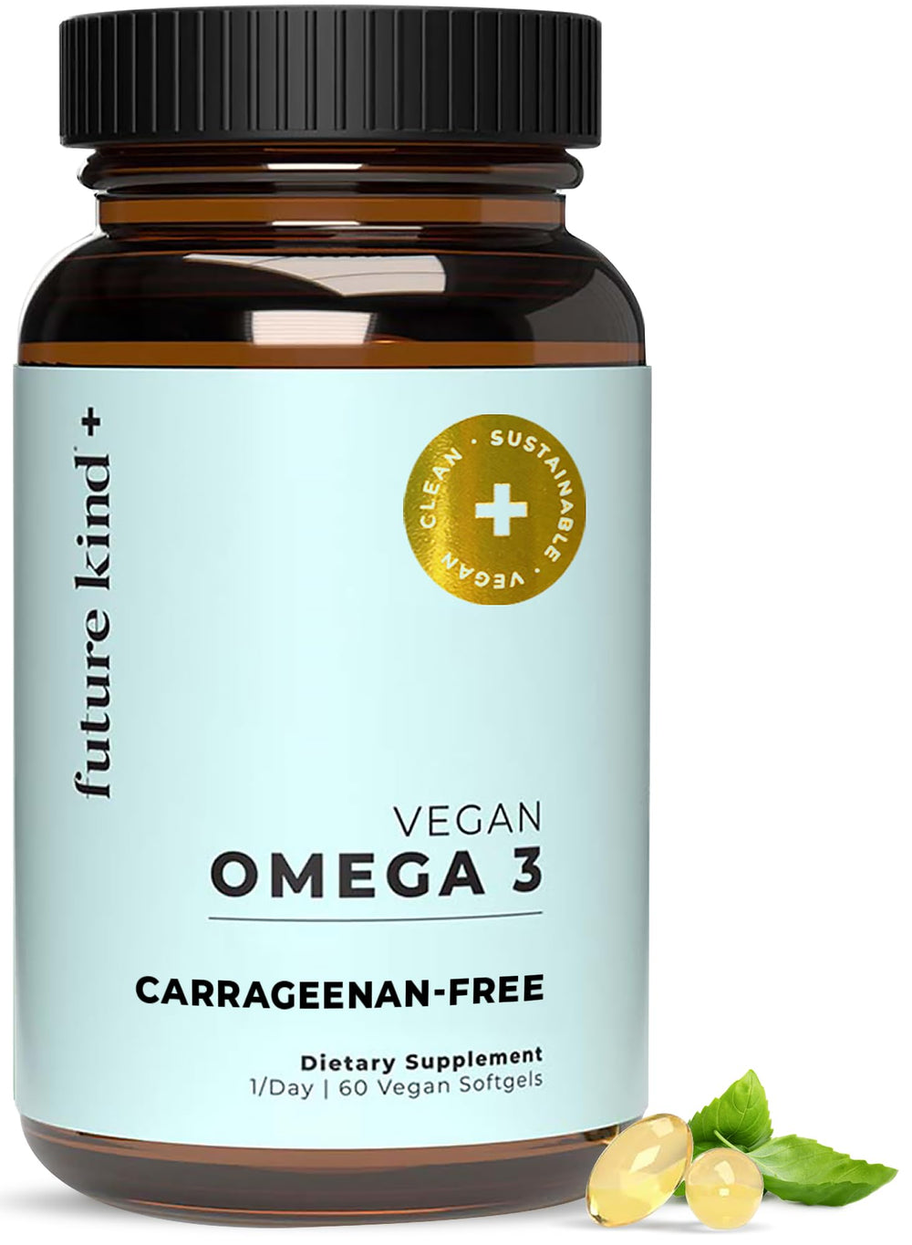 Future Kind Vegan Omega 3 bottle highlights carrageenan-free algae source for daily use.