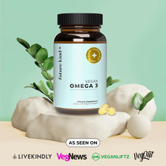 Future Kind Vegan Omega 3 citrus-tab scene signaling pleasant taste and digestion ease.