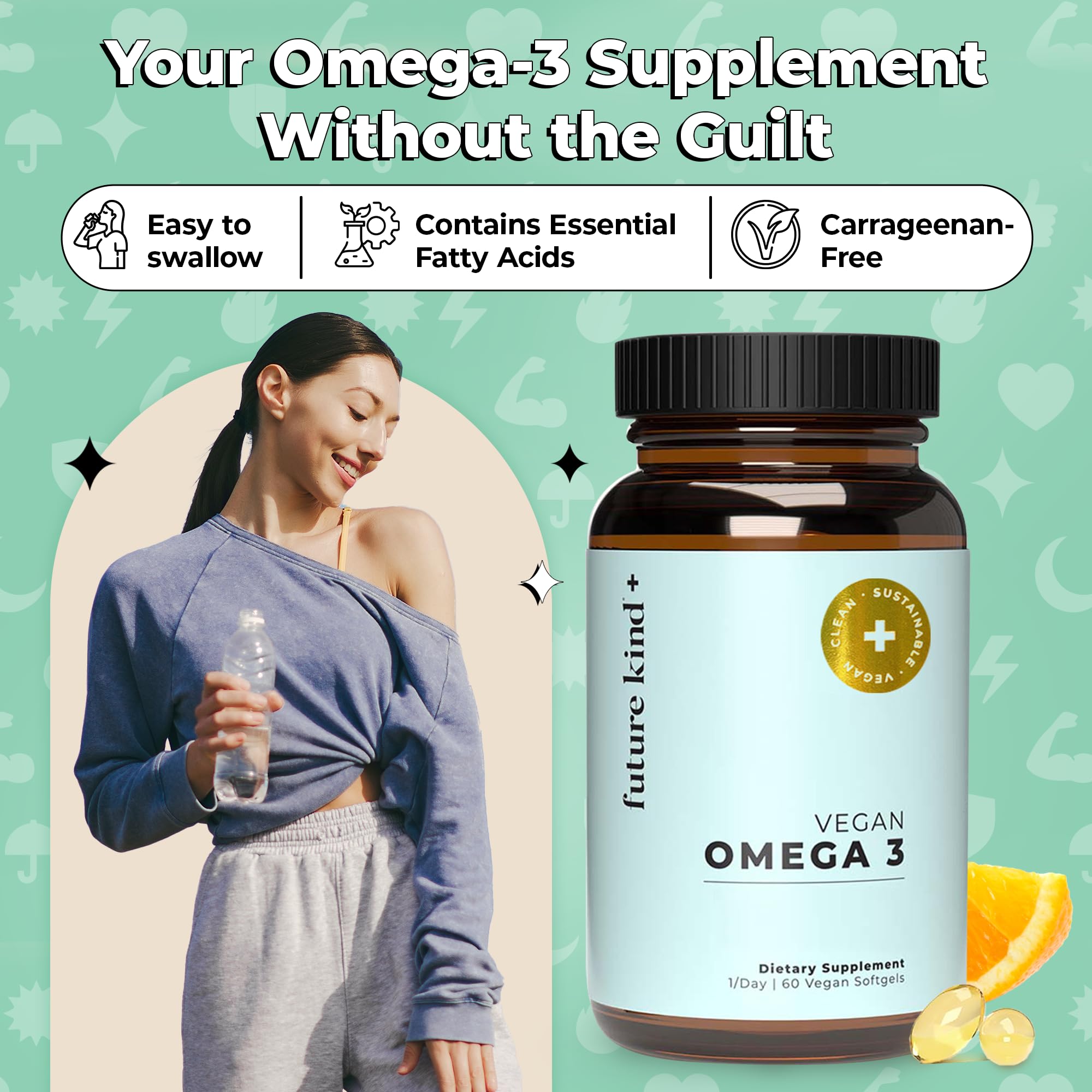 Future Kind Vegan Omega 3 fact sheet highlights carrageenan-free formula and third-party testing.