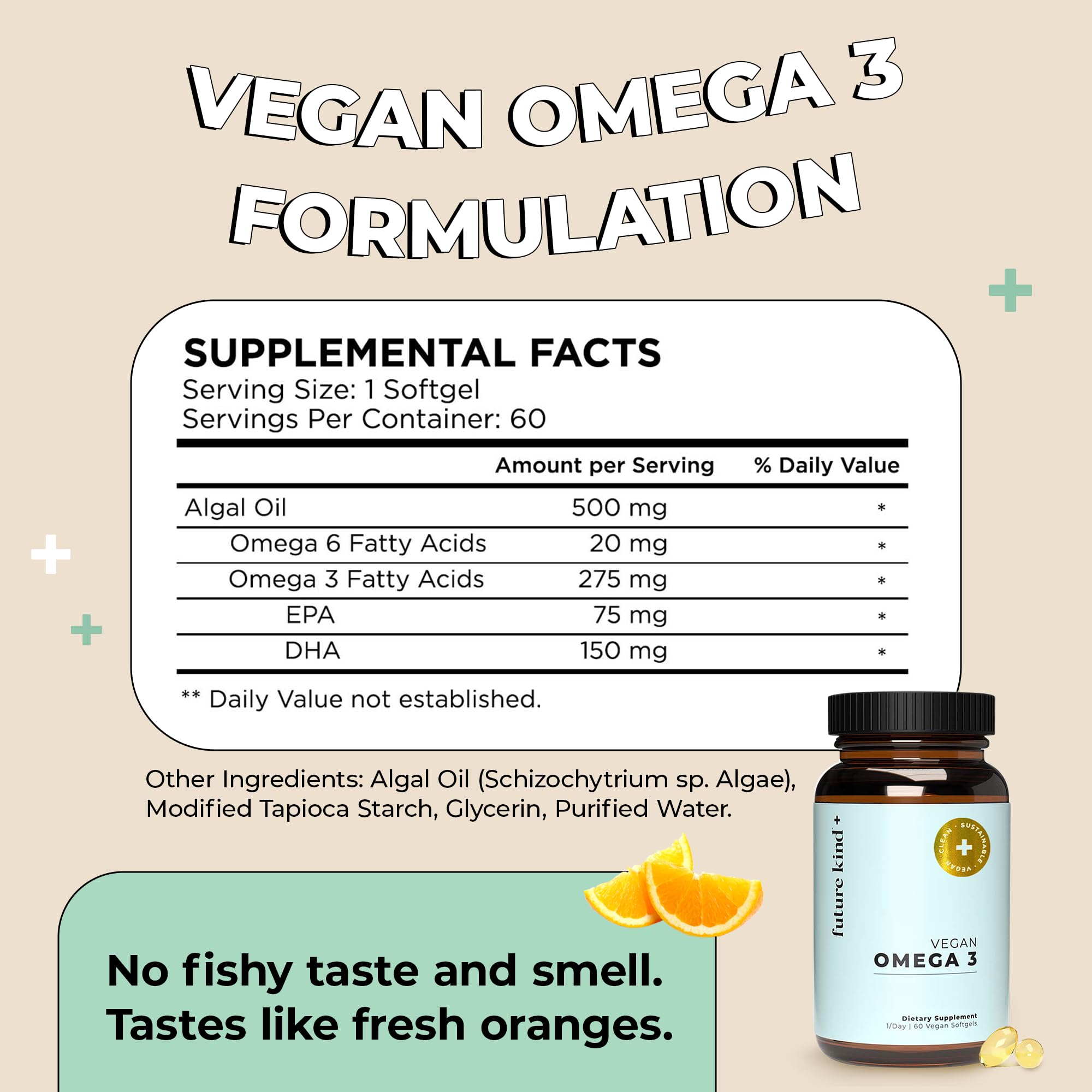 Future Kind Vegan Omega 3 glass bottle eco-pack emphasizes sustainable packaging.