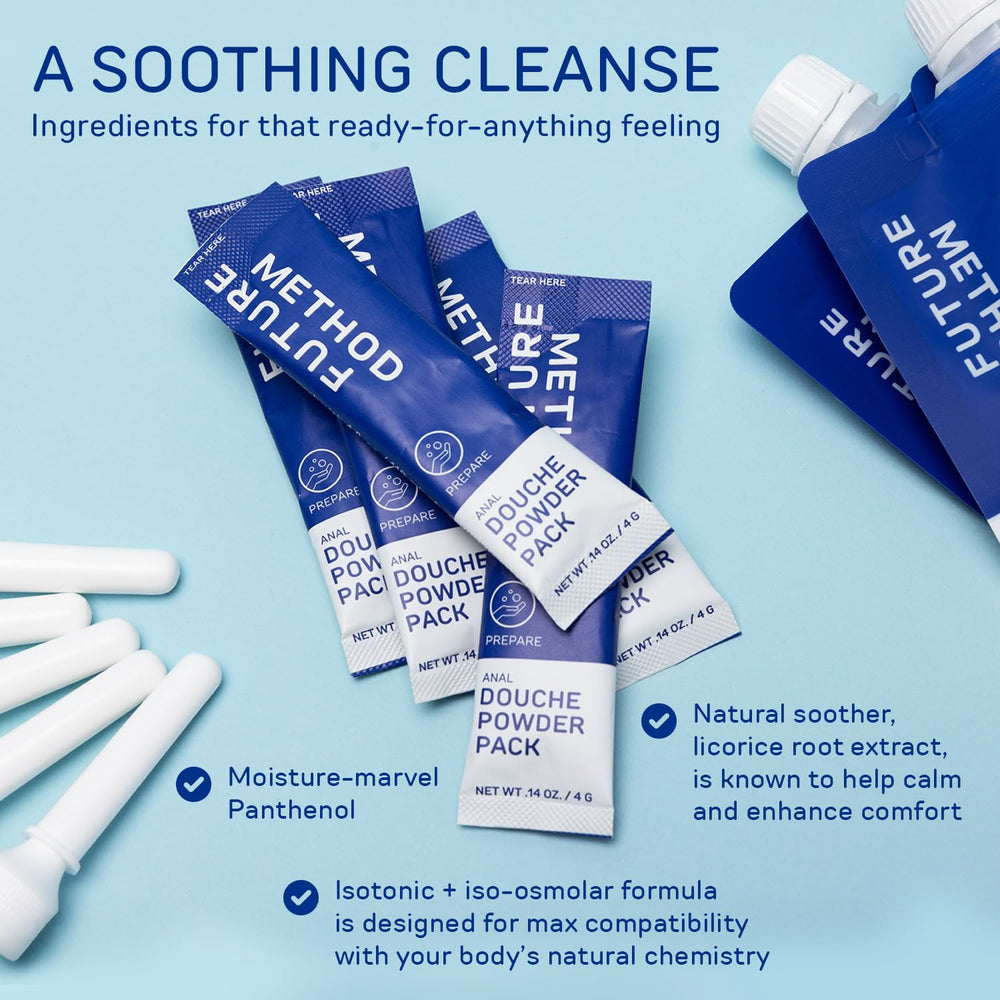Future Method Anal Douche bottle with liquid demonstrates a gentle isotonic cleanse.