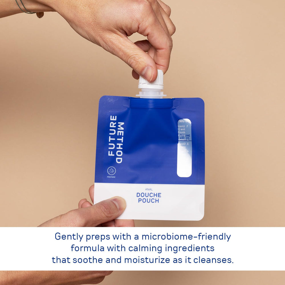 Future Method Anal Douche in-use image suggests discreet, on-the-go cleansing before play.
