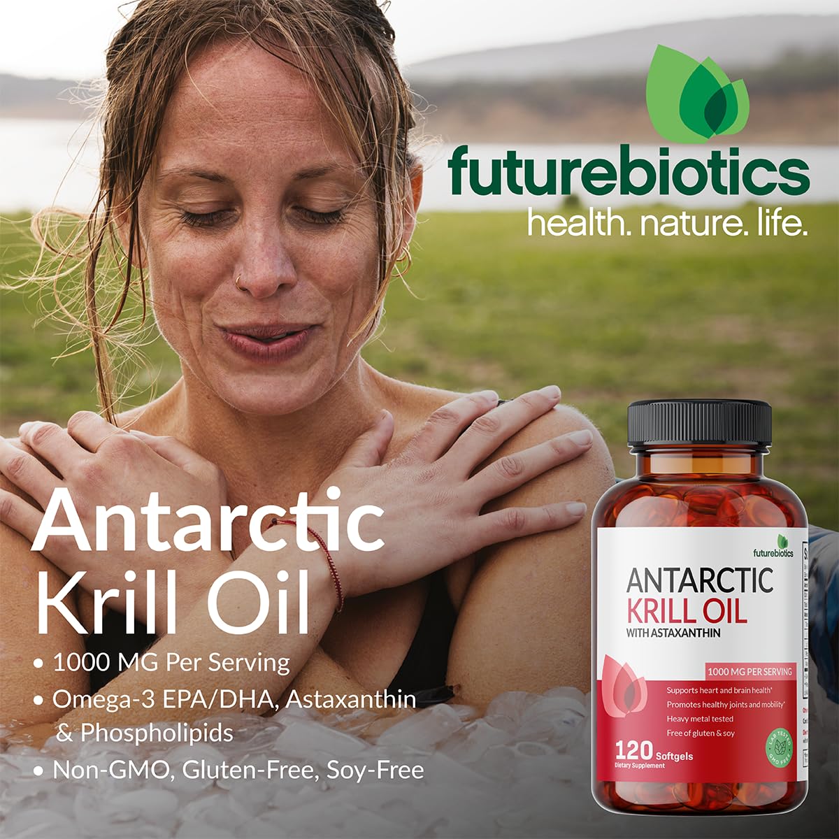 Futurebiotics Antarctic Krill Oil capsules closeup underscores convenient daily softgels