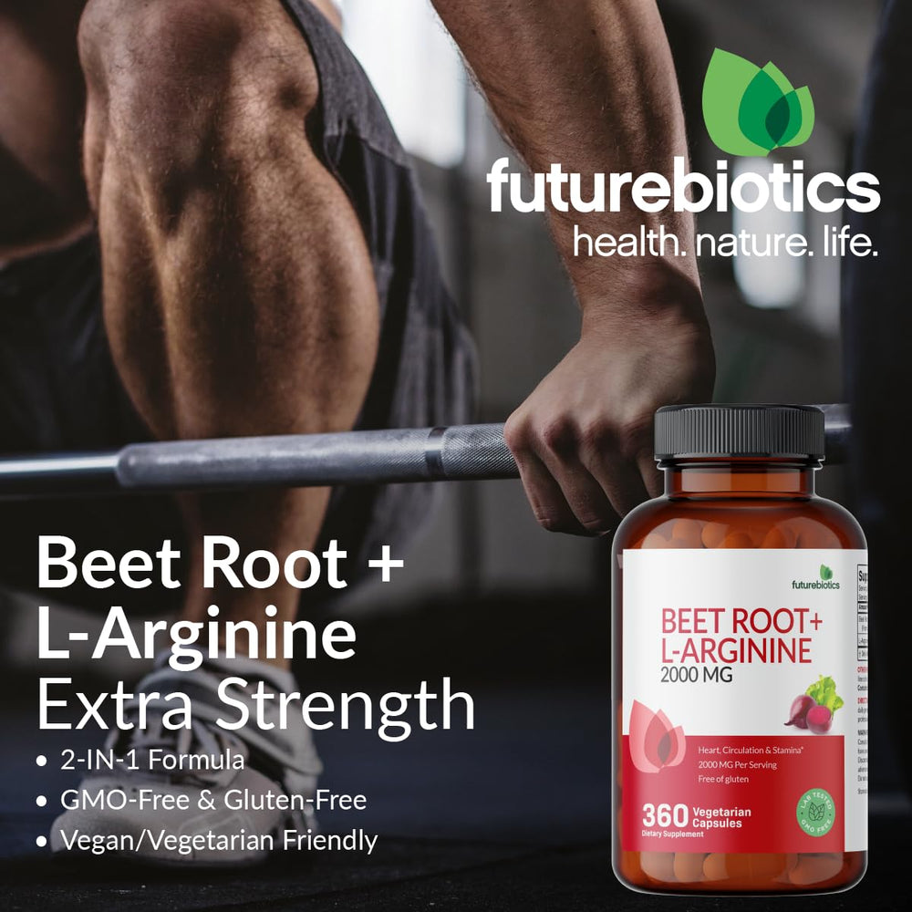 Futurebiotics Beet Root + L-Arginine capsules open bottle indicates easy daily intake.
