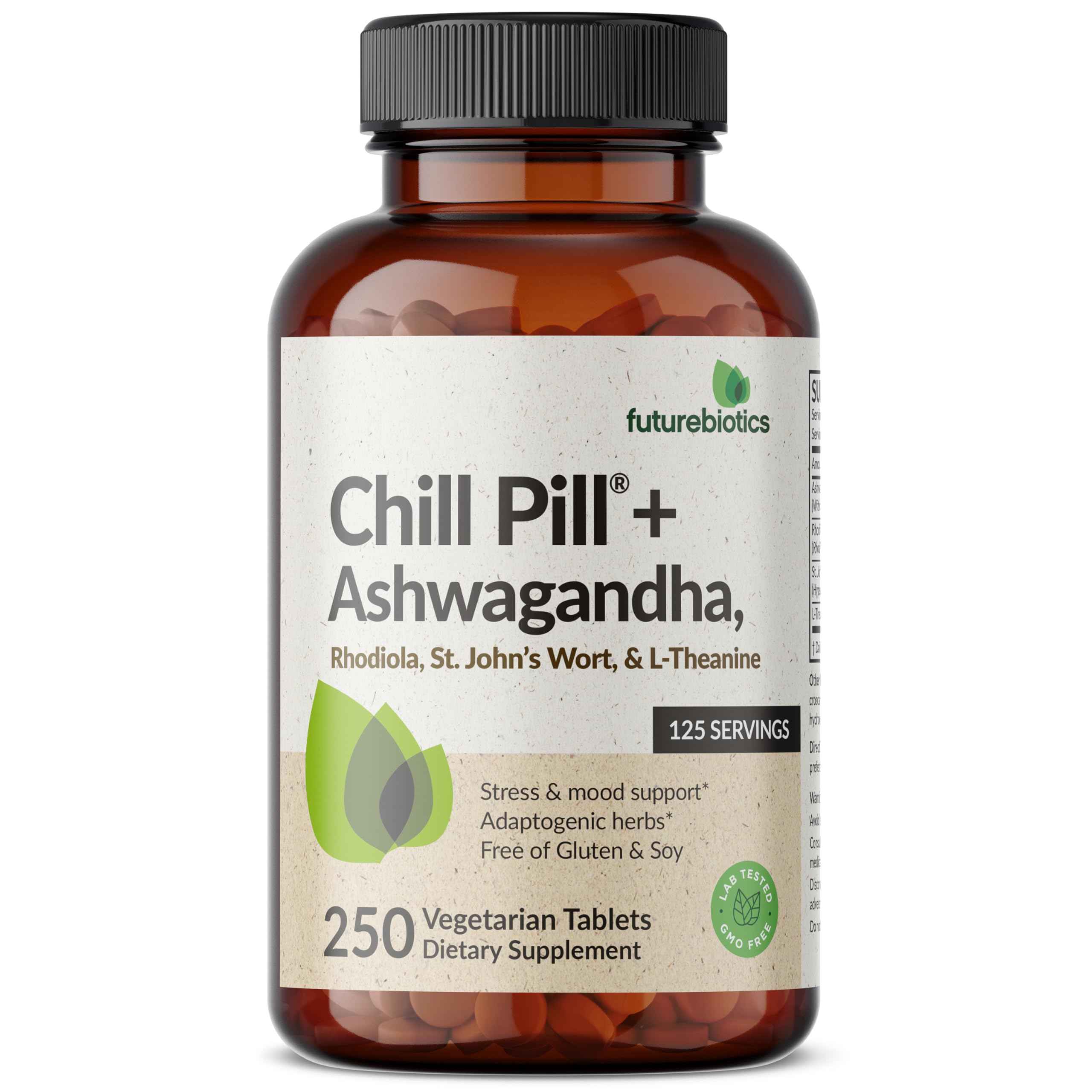 Chill Pill by Futurebiotics label highlighting Ashwagandha and quality sourcing.
