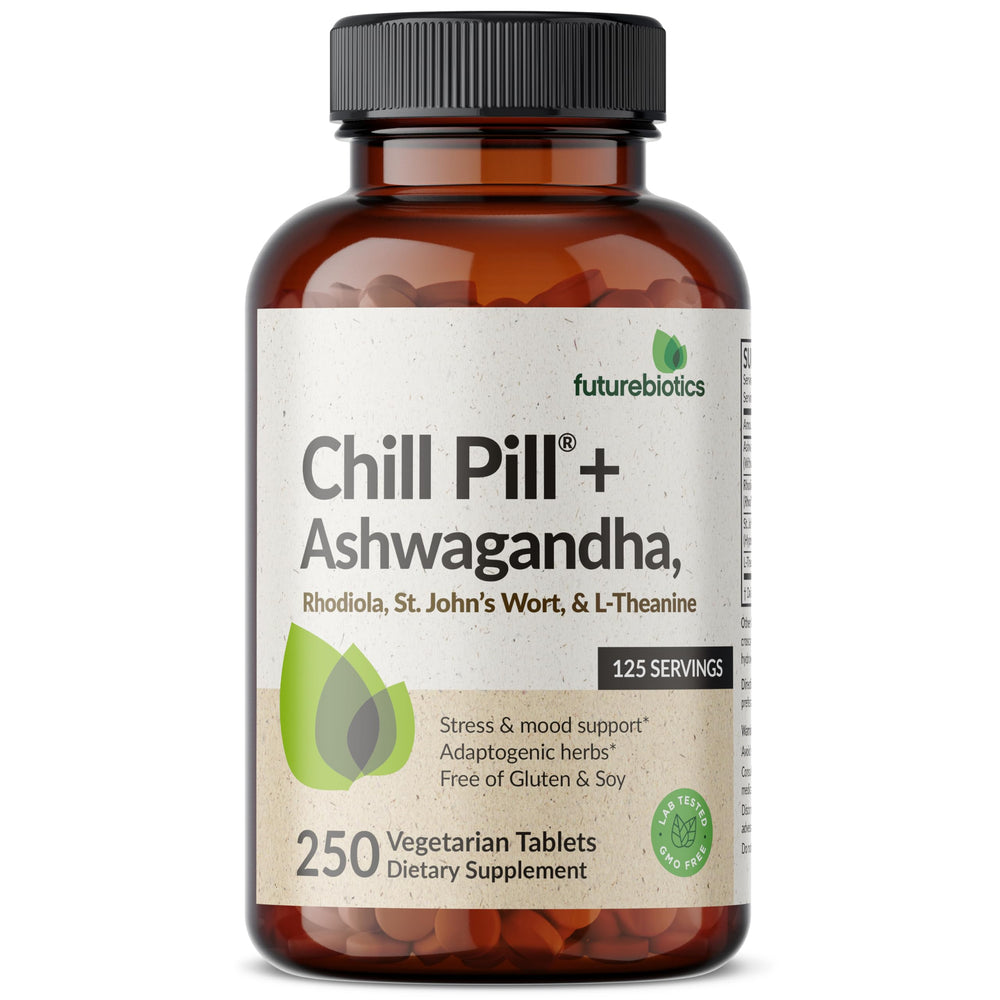 Chill Pill by Futurebiotics label highlighting Ashwagandha and quality sourcing.