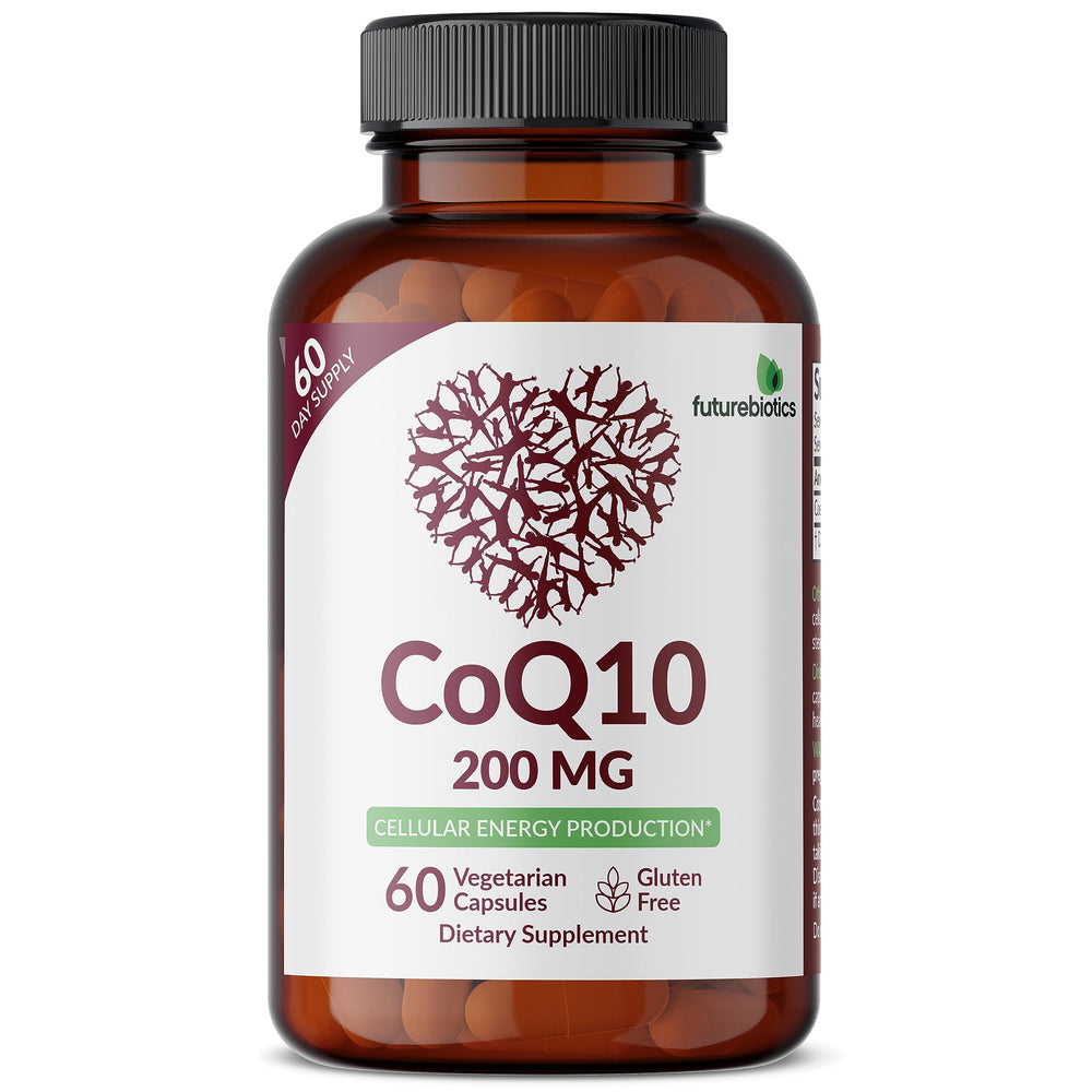 Futurebiotics CoQ10 bottle label focuses on gluten-free and vegan formulation for clear benefits.