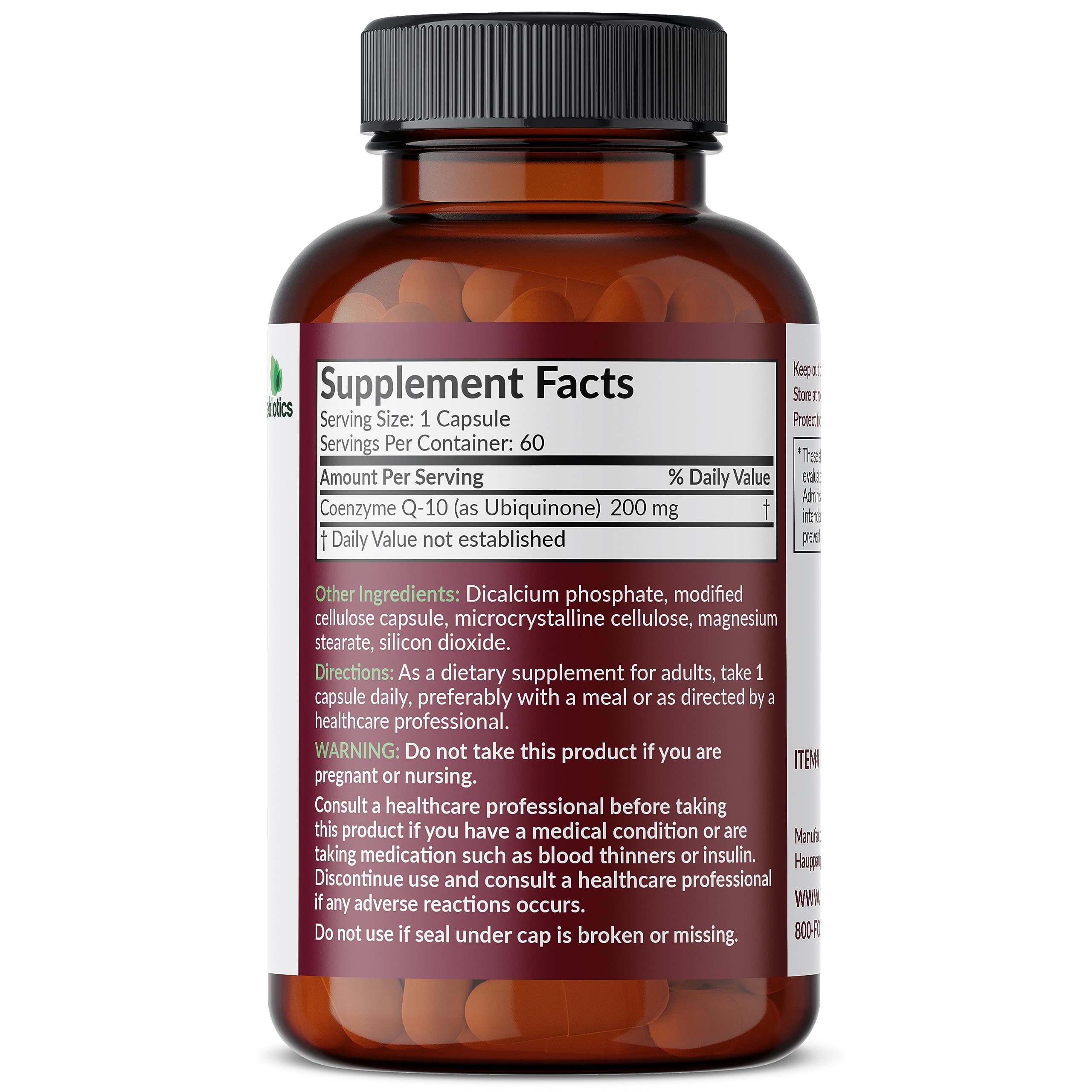 Futurebiotics CoQ10 capsules closeup highlights 200 mg per vegan capsule for energy production.