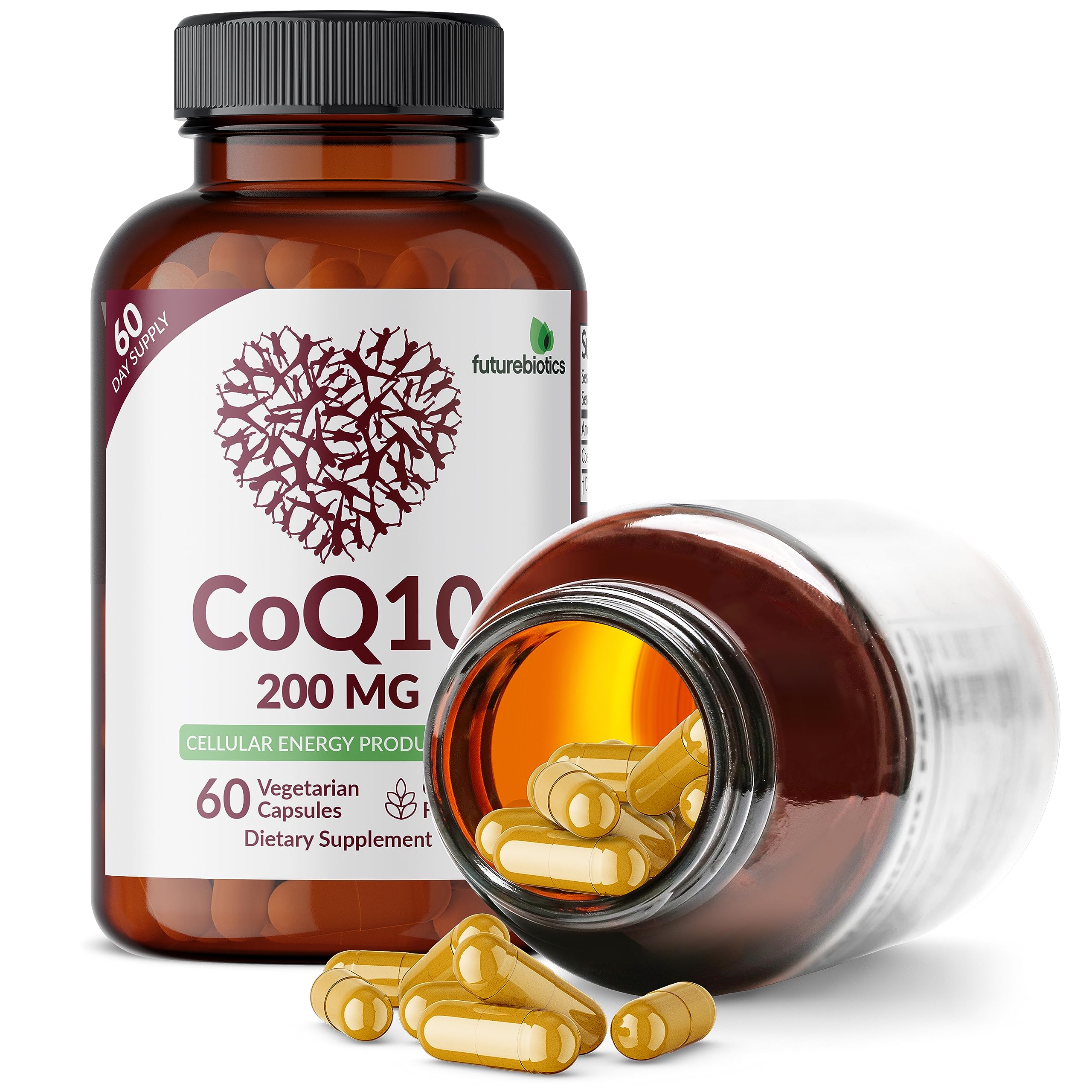 Futurebiotics CoQ10 gluten-free seal image emphasizes purity testing and quality assurance.