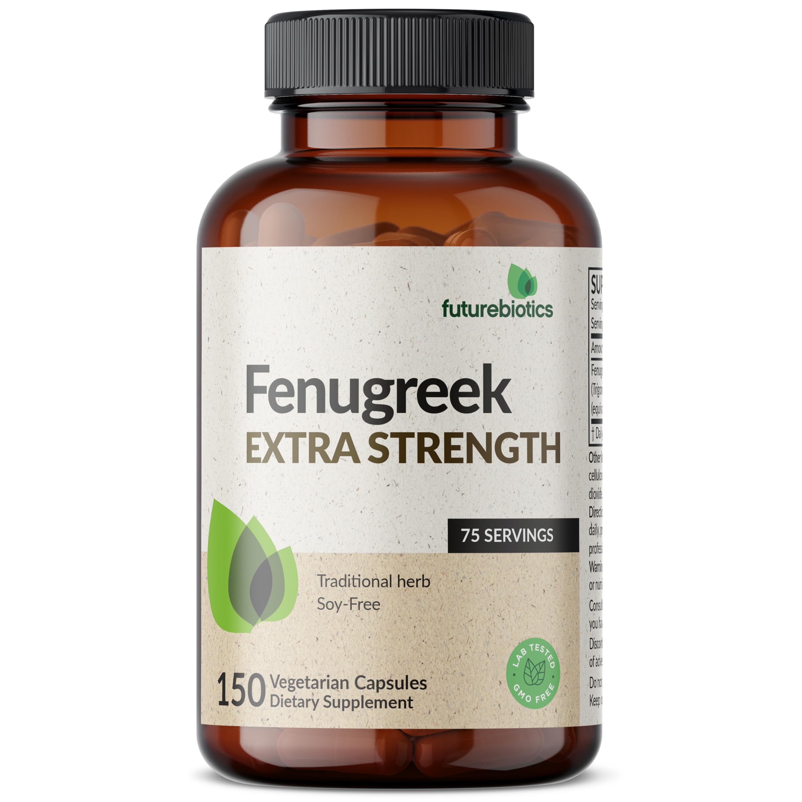 FutureBiotics Fenugreek capsules close-up showing high-potency 10:1 extract.