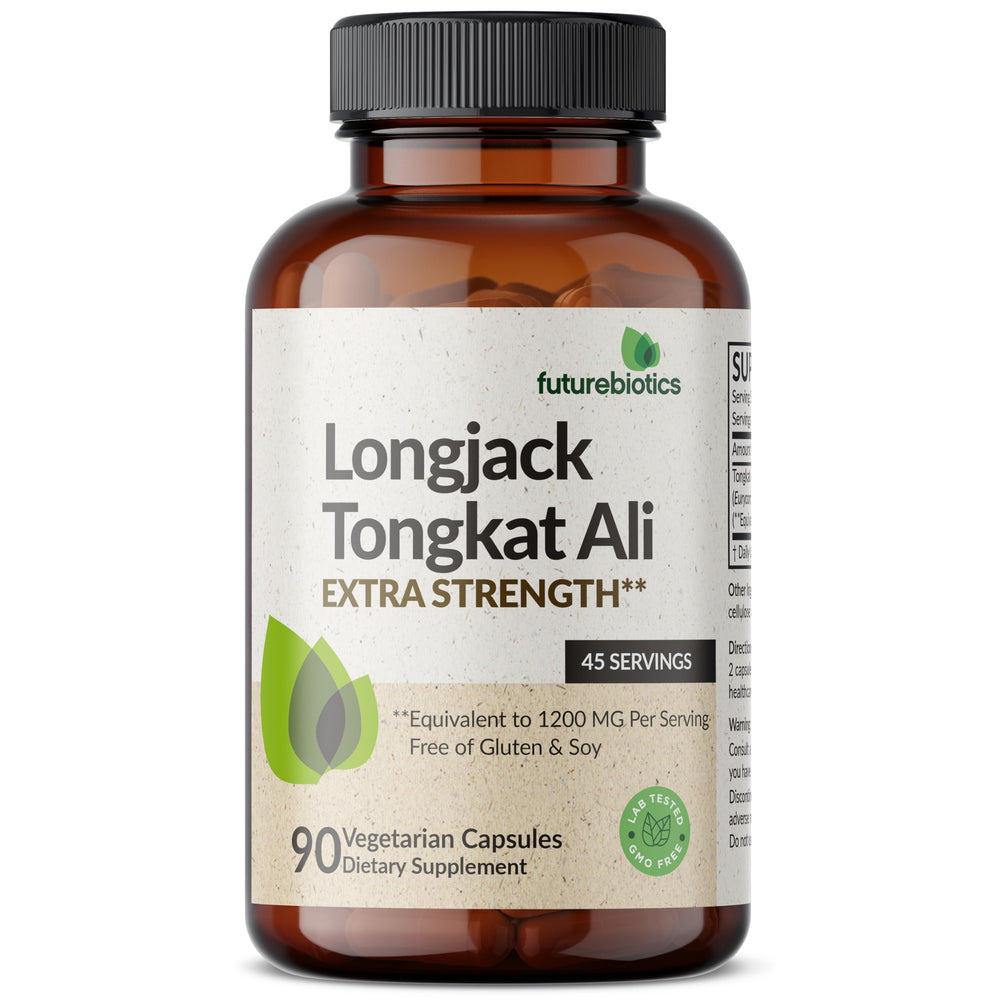Botella de Futurebiotics Longjack Tongkat Ali sobre mesa, presentación visible