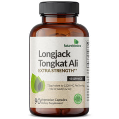 Botella de Futurebiotics Longjack Tongkat Ali sobre mesa, presentación visible