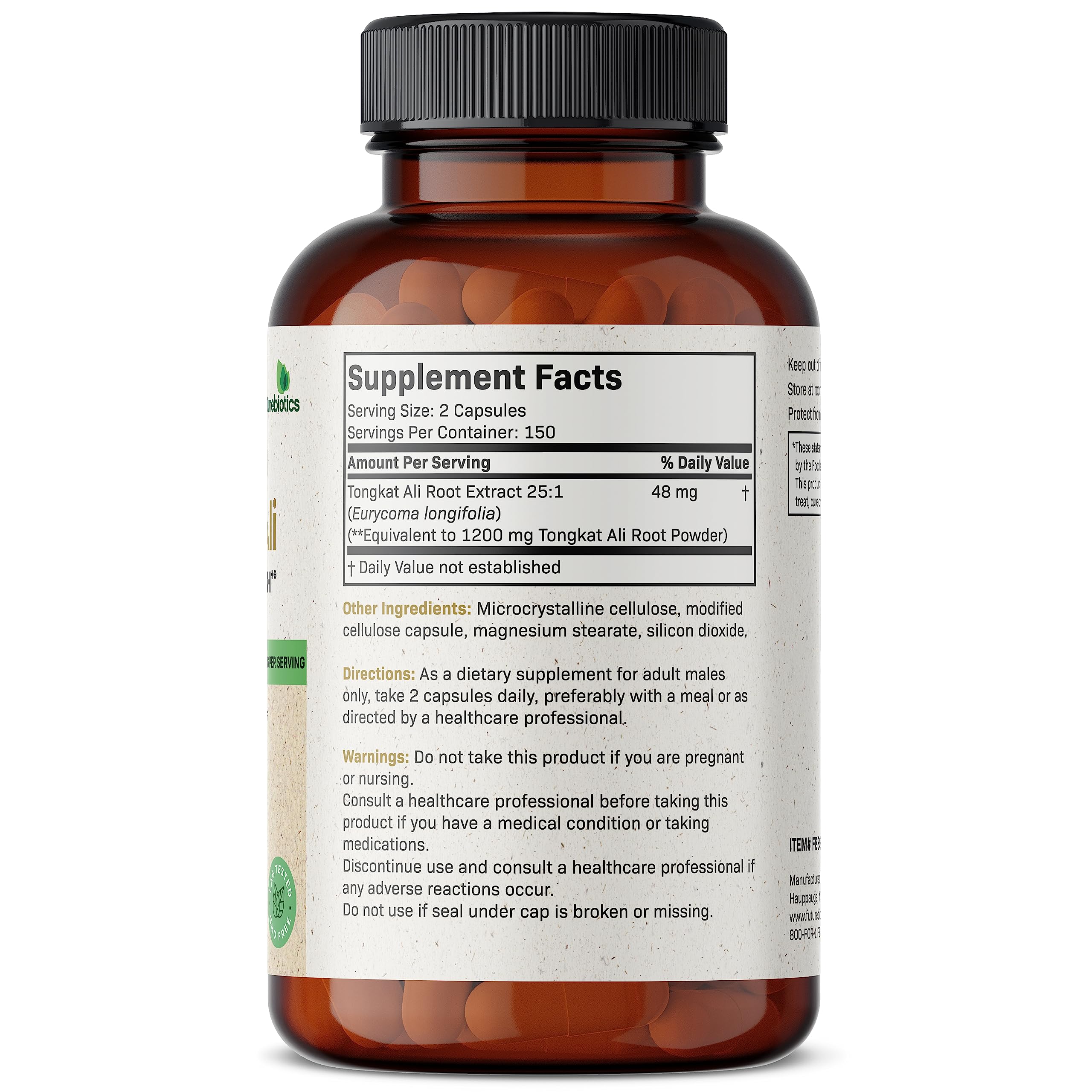 Futurebiotics Longjack Tongkat Ali capsules close-up with 1200 mg per serving.