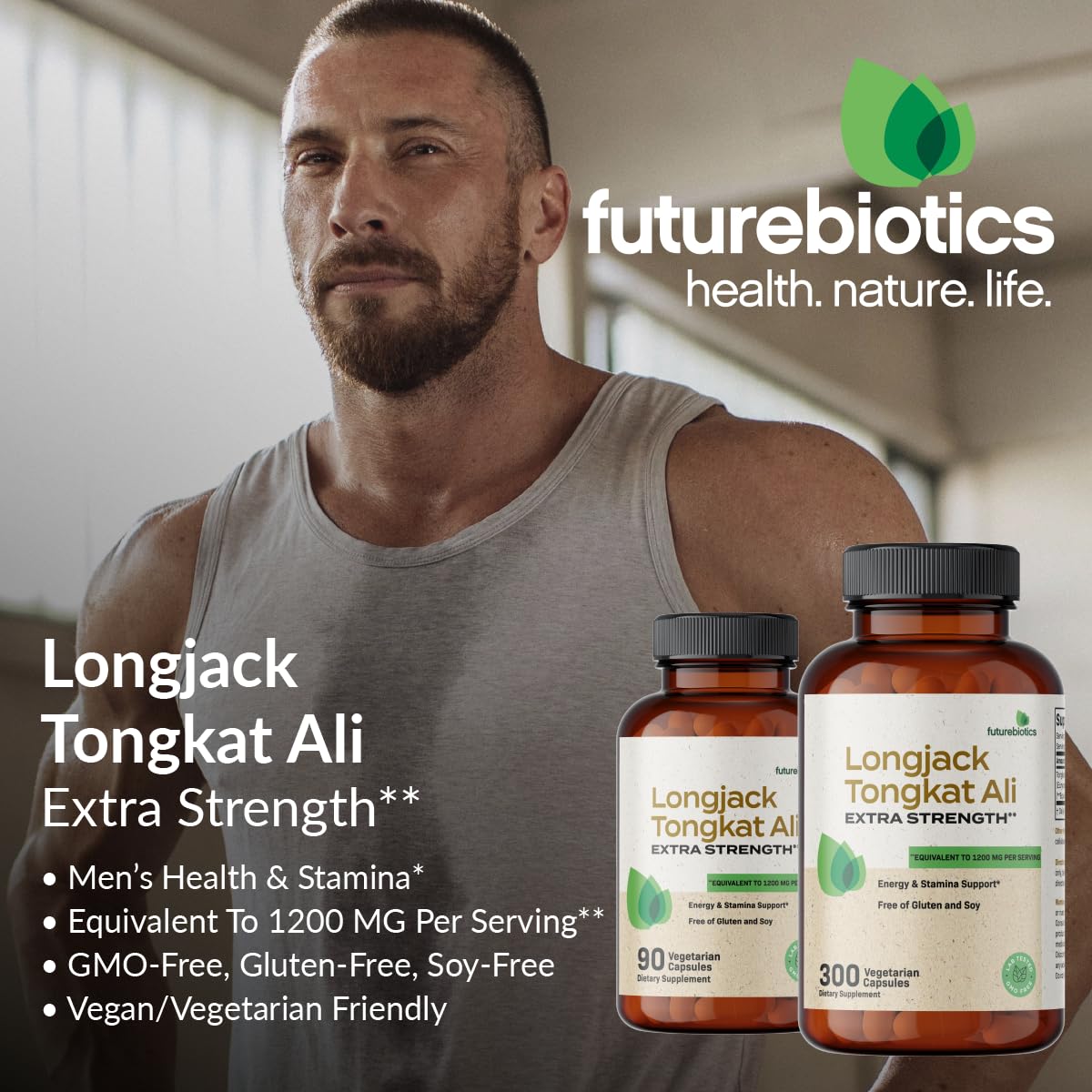 Etiqueta clara de Futurebiotics Longjack Tongkat Ali, destaca fórmula vegetariana