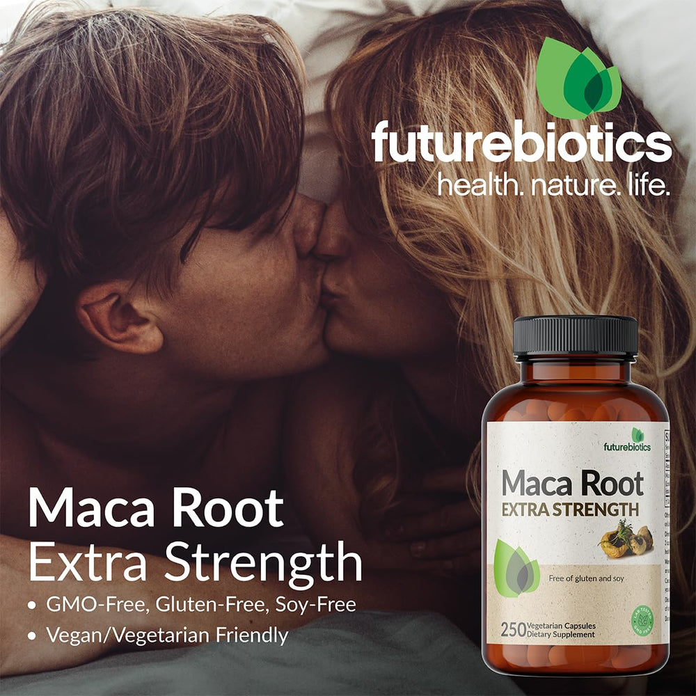 Futurebiotics Maca Root Extra Strength capsules close-up for easy daily use.
