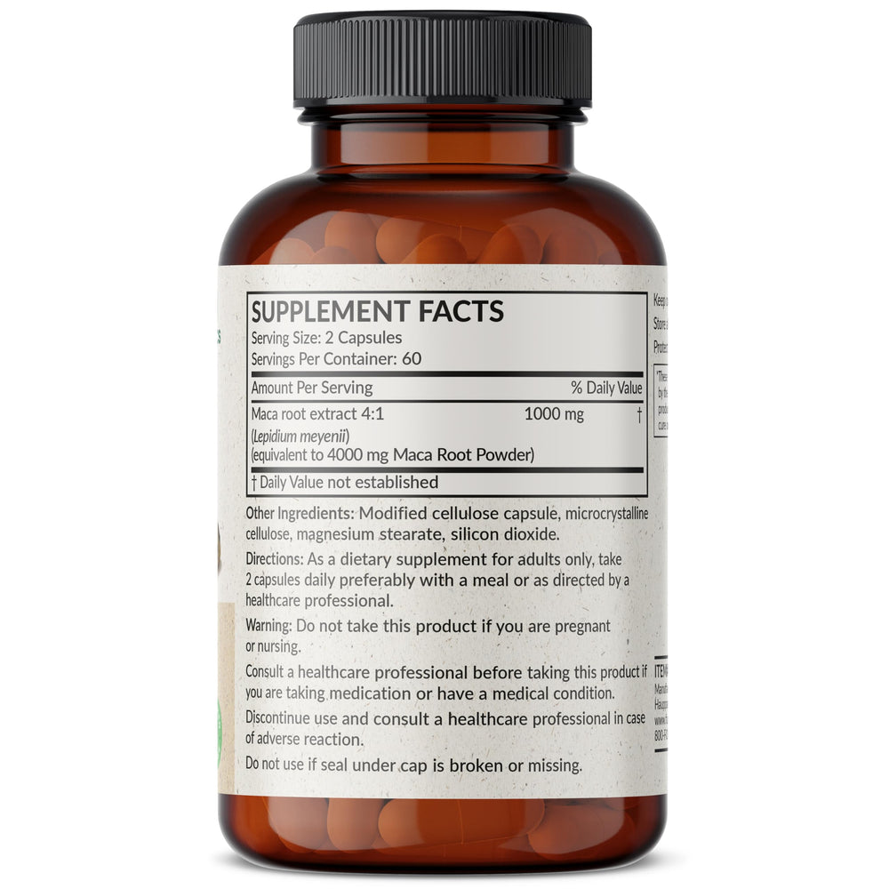 Futurebiotics Maca Root Extra Strength label close-up highlighting non-GMO and vegan formula.
