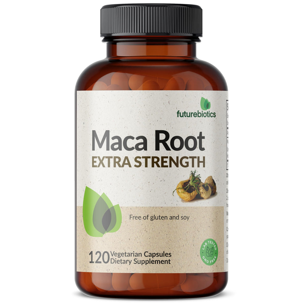 Futurebiotics Maca Root Extra Strength vegan symbol on packaging.