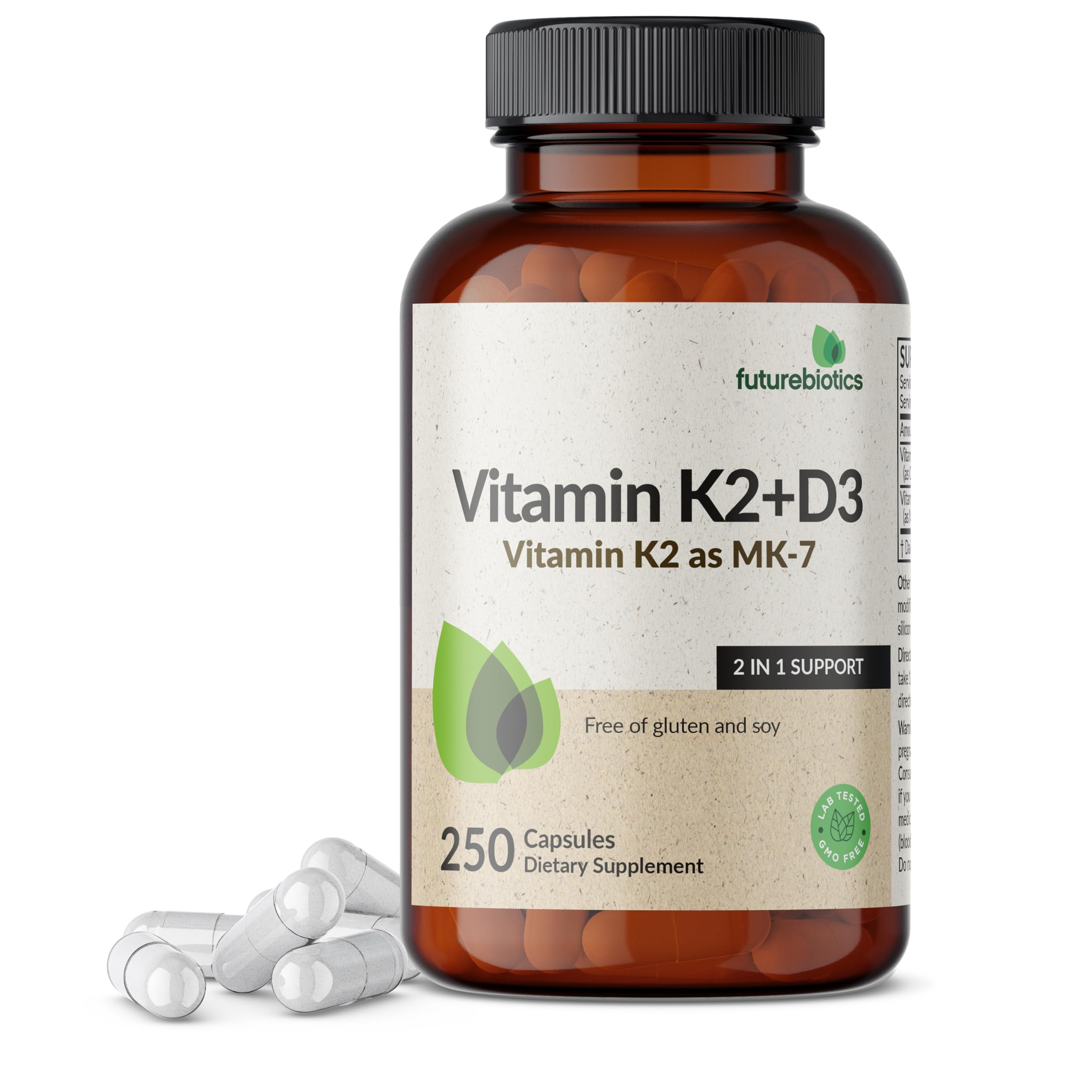Futurebiotics Vitamin K2 D3 bottle shows a non-GMO formula for bone support.