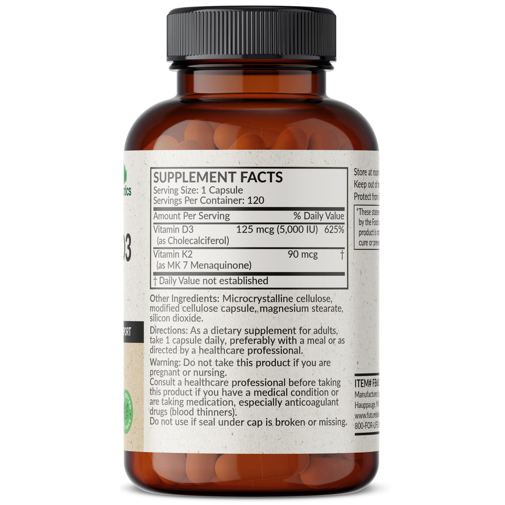 Futurebiotics Vitamin K2 MK-7 with D3 bottle back demonstrates easy-to-swallow veggie capsules